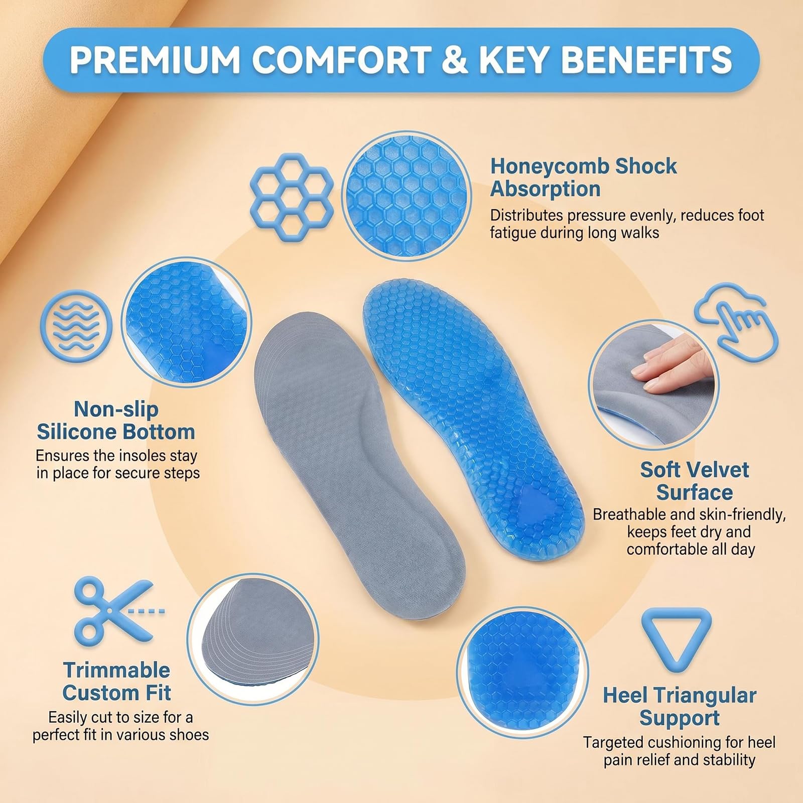 1Pair Blau Silikon Wabe In voller Länge Einlegesohle Luftkissen Dämpfungsschuh Pad Kissen Einsätze für Männer Frauen (groß)