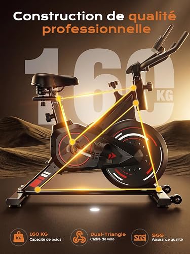 Dskeuzeew Vélo d’Appartement Connecté, Vélo d’Exercice à Résistance Magnétique 0–100%, Silencieux, Support Tablette & Capteur Cardiaque, Supporte Jusqu’à 160 kg (Rouge et Noir) - 3