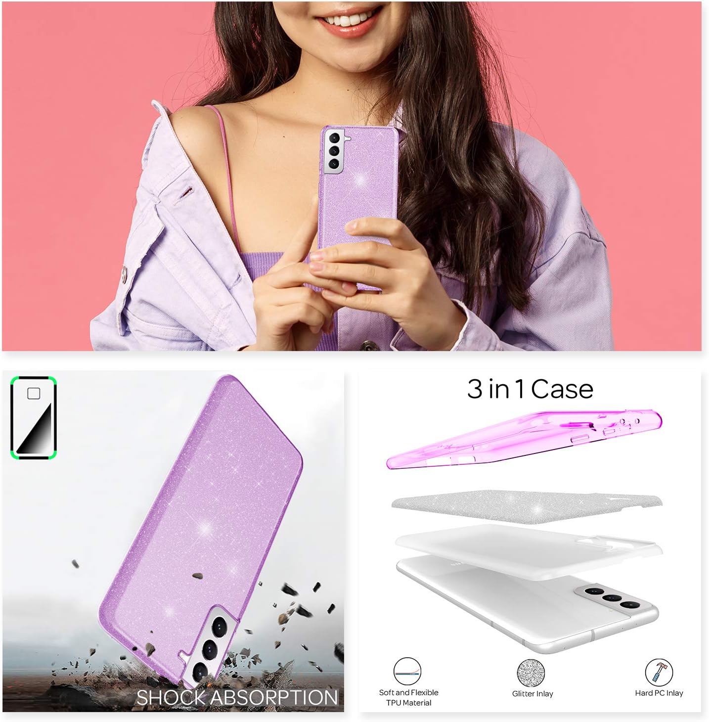 NALIA Glitter Cover Compatible with Samsung Galaxy S21 Case, Sparkly Bling Mobile Phone TPU Protector Shockproof, Shock-Absorbent Shiny Protective Smartphone Diamond Bumper Coverage, Color:Purple