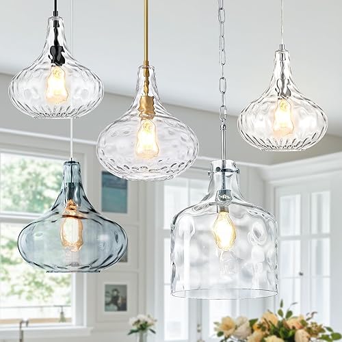 Miniatura 6 de Luces colgantes grandes de vidrio para isla de cocina, lámpara colgante de vidrio soplado, pantalla martillada transparente, luces de techo