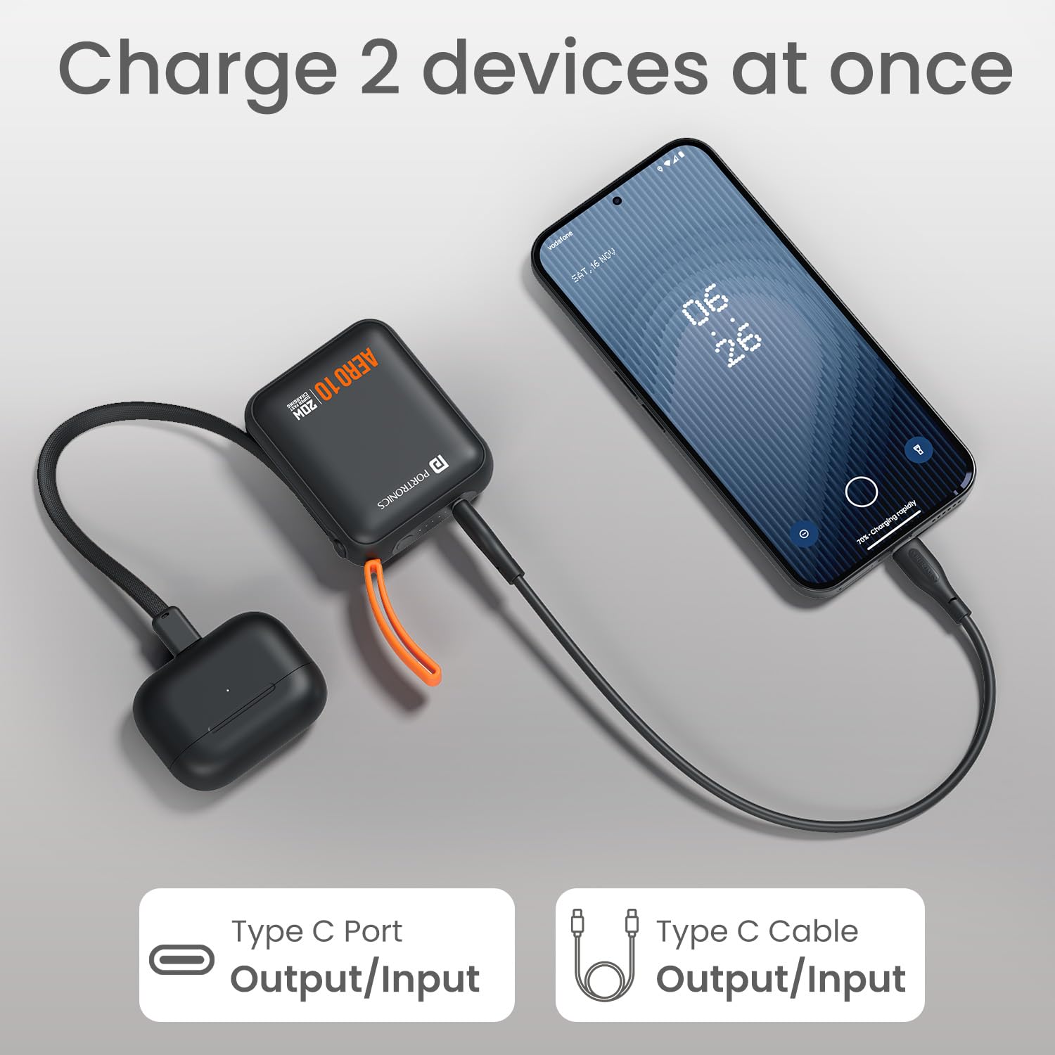 Portronics Aero 10 10000 mAh 20W Fast Charging Mini Power Bank with Detachable Type C Cable, Type C PD Input/Output Port, LED Indicator, Wake Up Button, Strong Lanyard, Light Weight (Black) — Amazon image 4