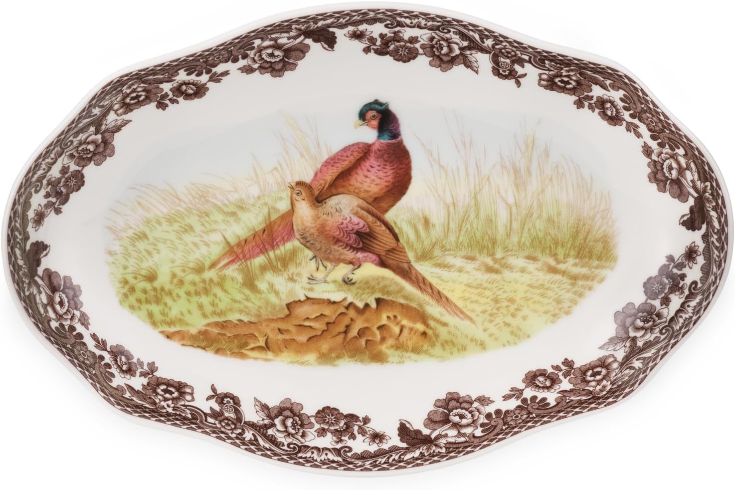 Spode Woodland Pickle Dishes, Set of 2-8.5" Porcelain Plates with British Flowers Border - Turkey & Pheasant Motifs for Side Dishes, Snacks, Fruit & Desserts - Microwave & Dishwasher Safe