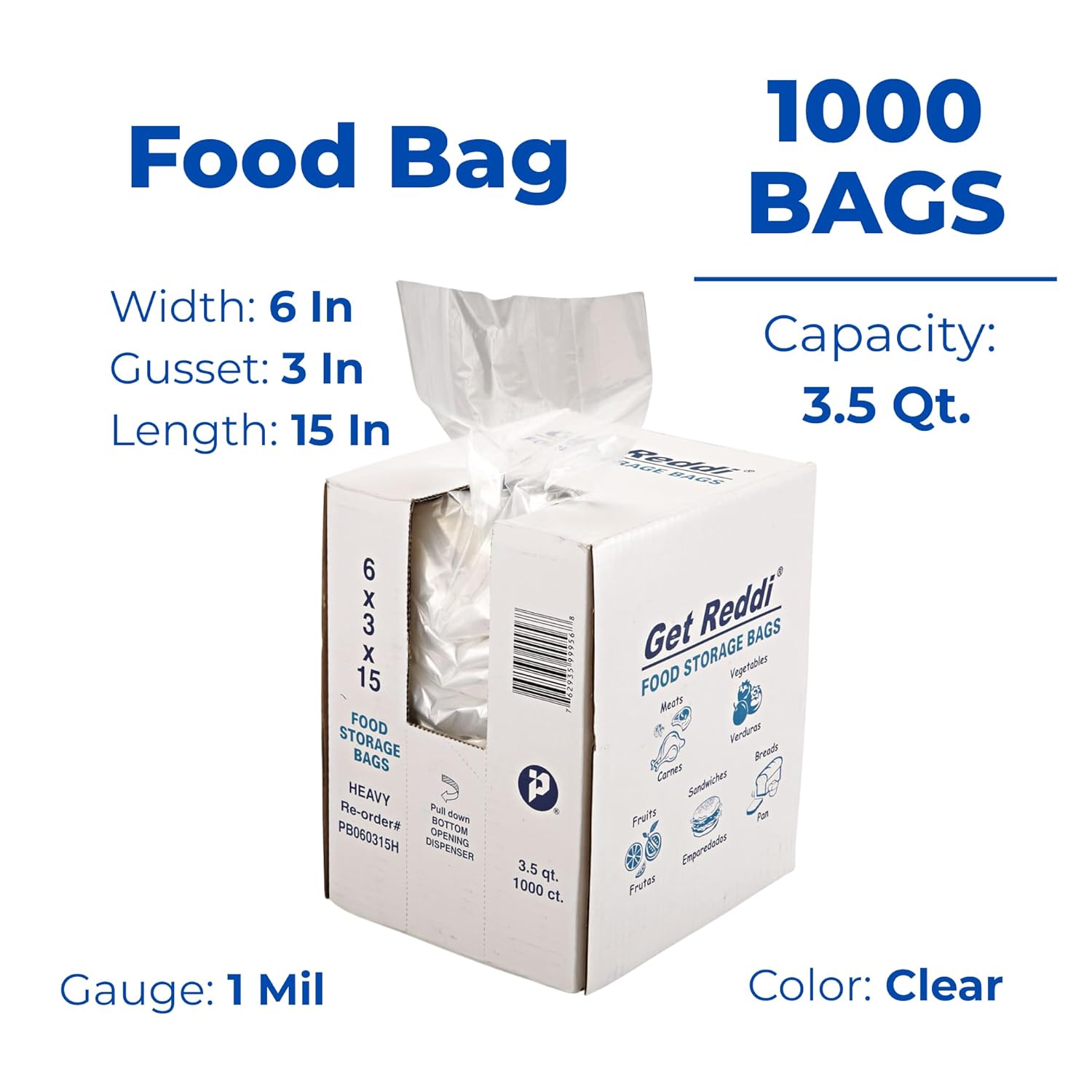 Inteplast Group IBS PB060315H Get Reddi Food & Utility Poly Bag, 6" x 3" x 15", 3.5qt, 1.0mil, Clear, 1000 Bags