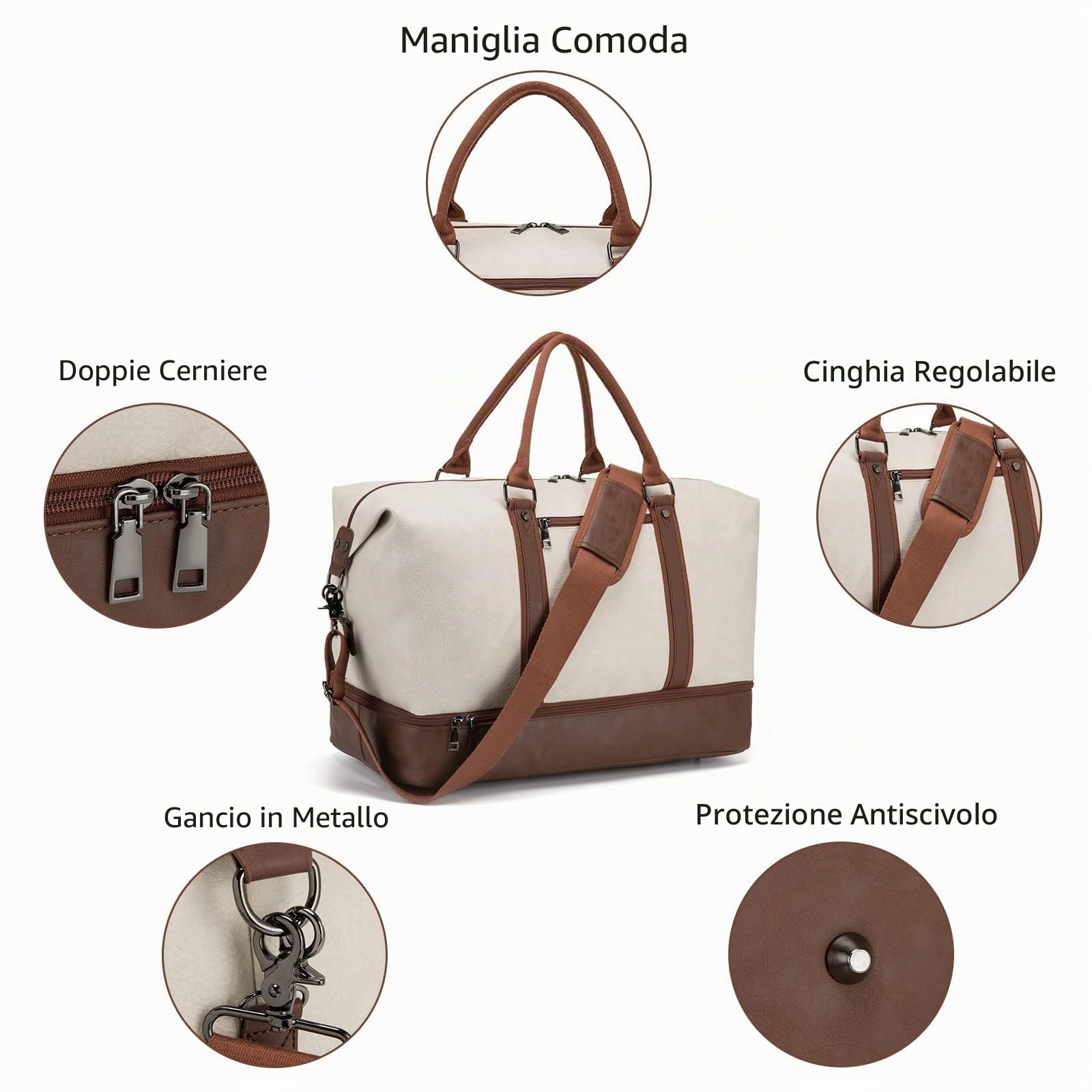 Borsone da viaggio per la notte, in tela, in pelle, borsa da weekend extra large, grande borsa da viaggio a mano, borsone da viaggio per uomo e donna, beige.