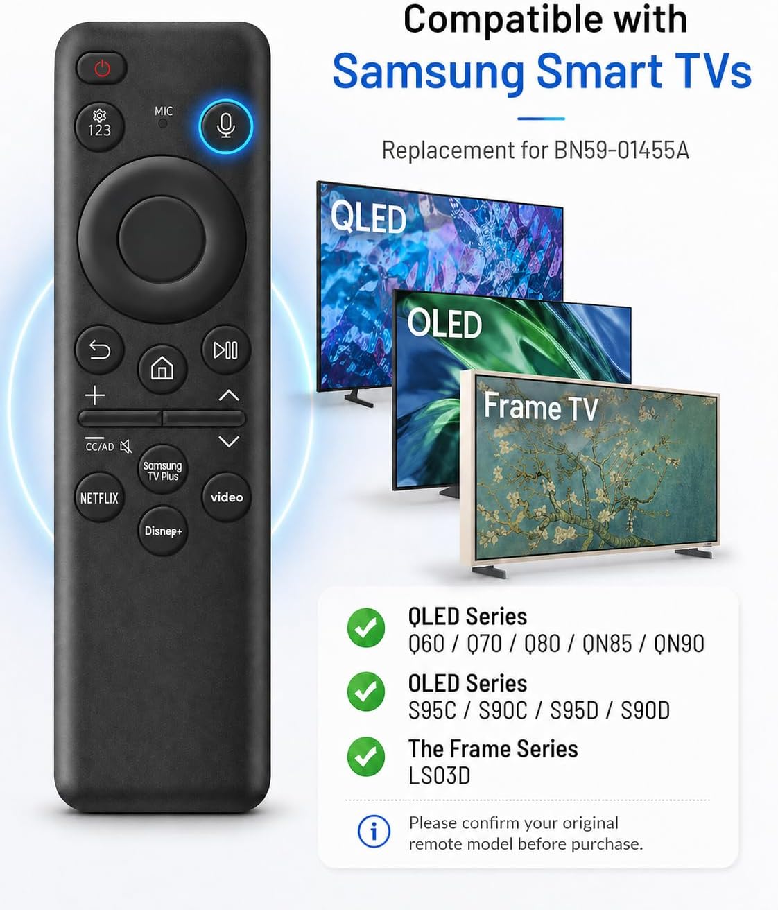 BN59-01455A Voice Remote Control Replacement for Samsung Smart TVs, Compatible with QLED OLED Frame TV S95C S90C S95D S90D LS03D Q60 Q70 Q80 QN85 QN90 Series, Solar USB-C Charging