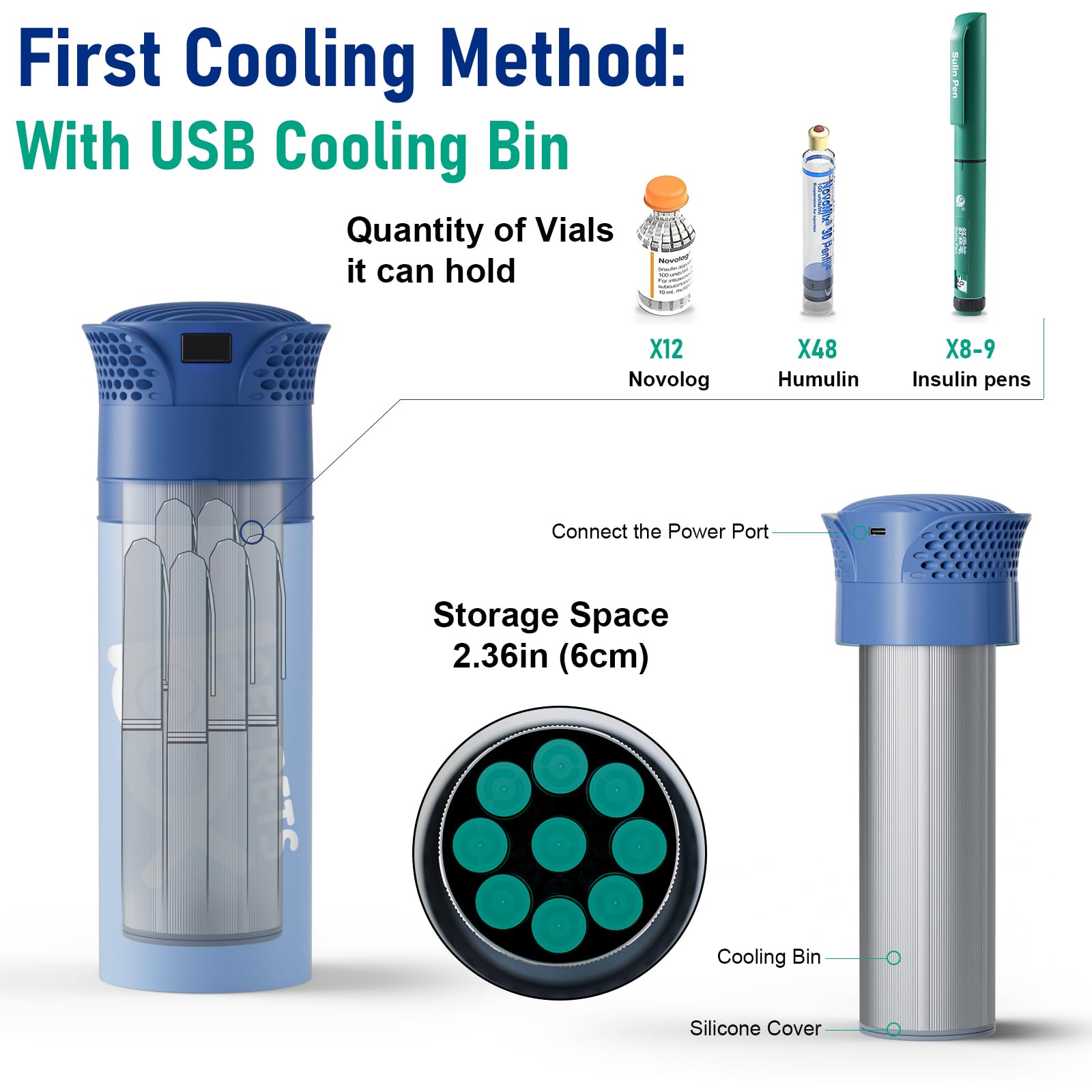 Frigo per Insulina da Viaggio, ad alta Capacità 8-9 penne, 2-8℃ USB Frigorifero per Medicinali Portatile, Borse per Insulina con 4 ghiaccio biogel, blu