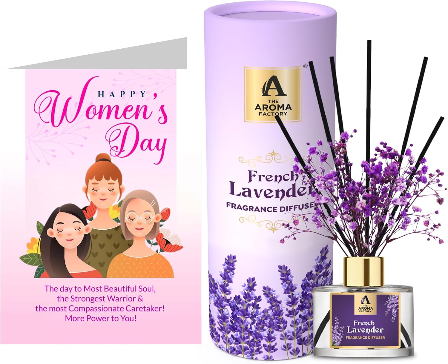 The Aroma Factory Happy Womens Day Greeting Card & Fragrance Reed Diffuser Gift Set, French Lavender (1 Box + 1 Card)