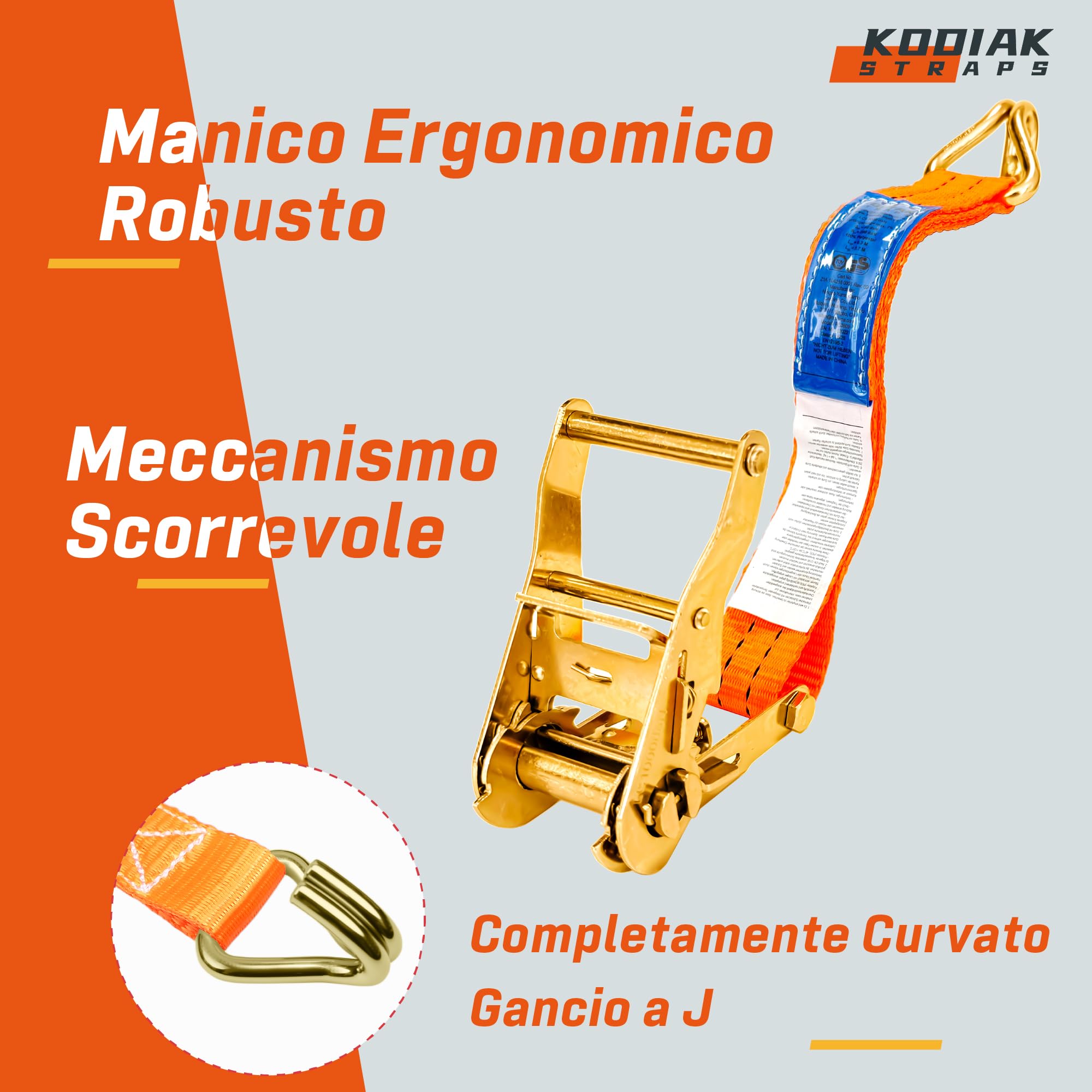 10 Cinghie di Tensione 6m x 2000kg con Cricchetto e Ganci - Cinghie a Cricchetto da 35mm - Cinghia Arancione per la Sicurezza del Carico - Certificato TÜV/GS e secondo DIN EN 12195-2 - KODIAK STRAPS