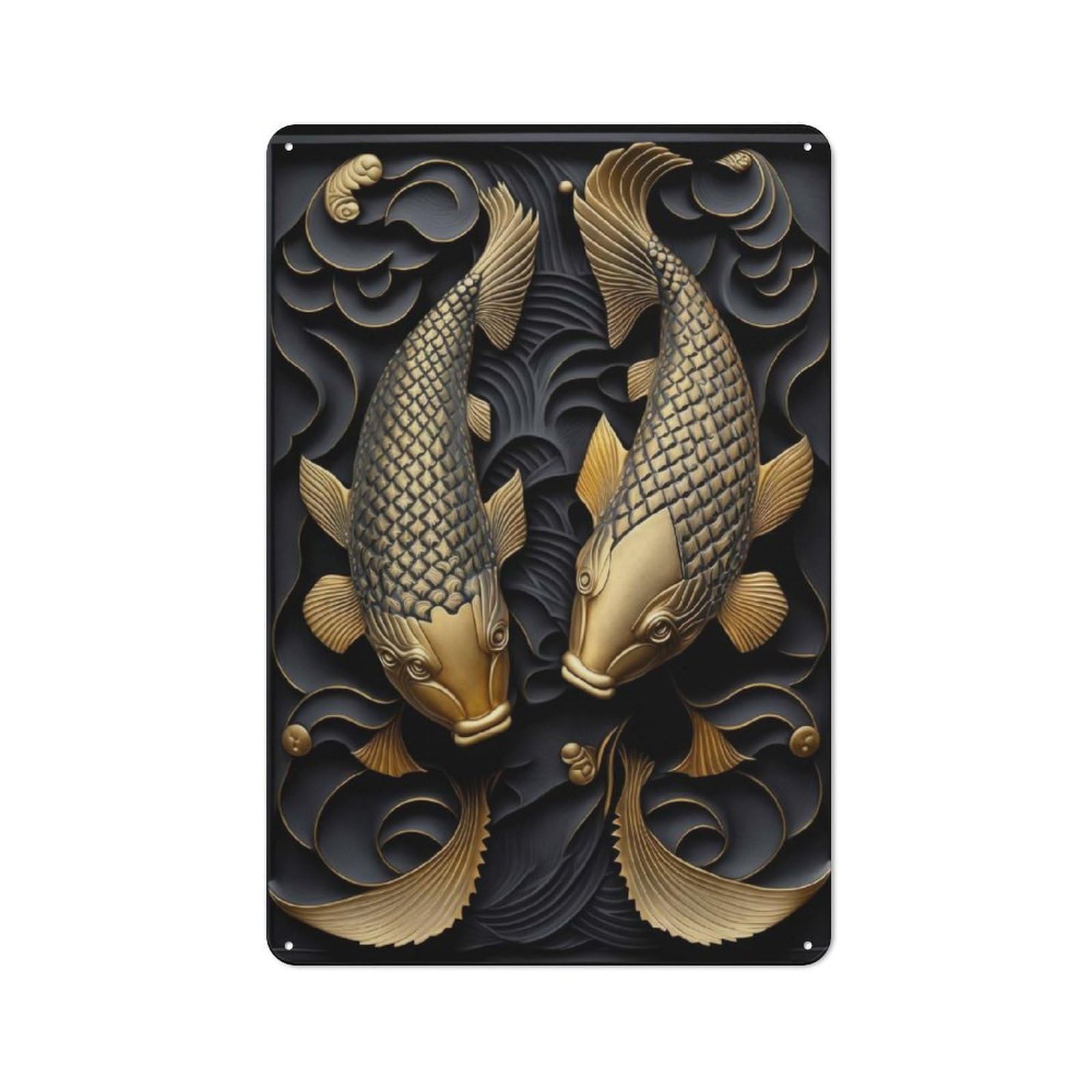 Koi Fish Gold Relief Deco Printed Tin Plaque, Clean Printed Wall Decor for Breakfast Nook, Kitchen Wall And Home Cafe, 30x20cm