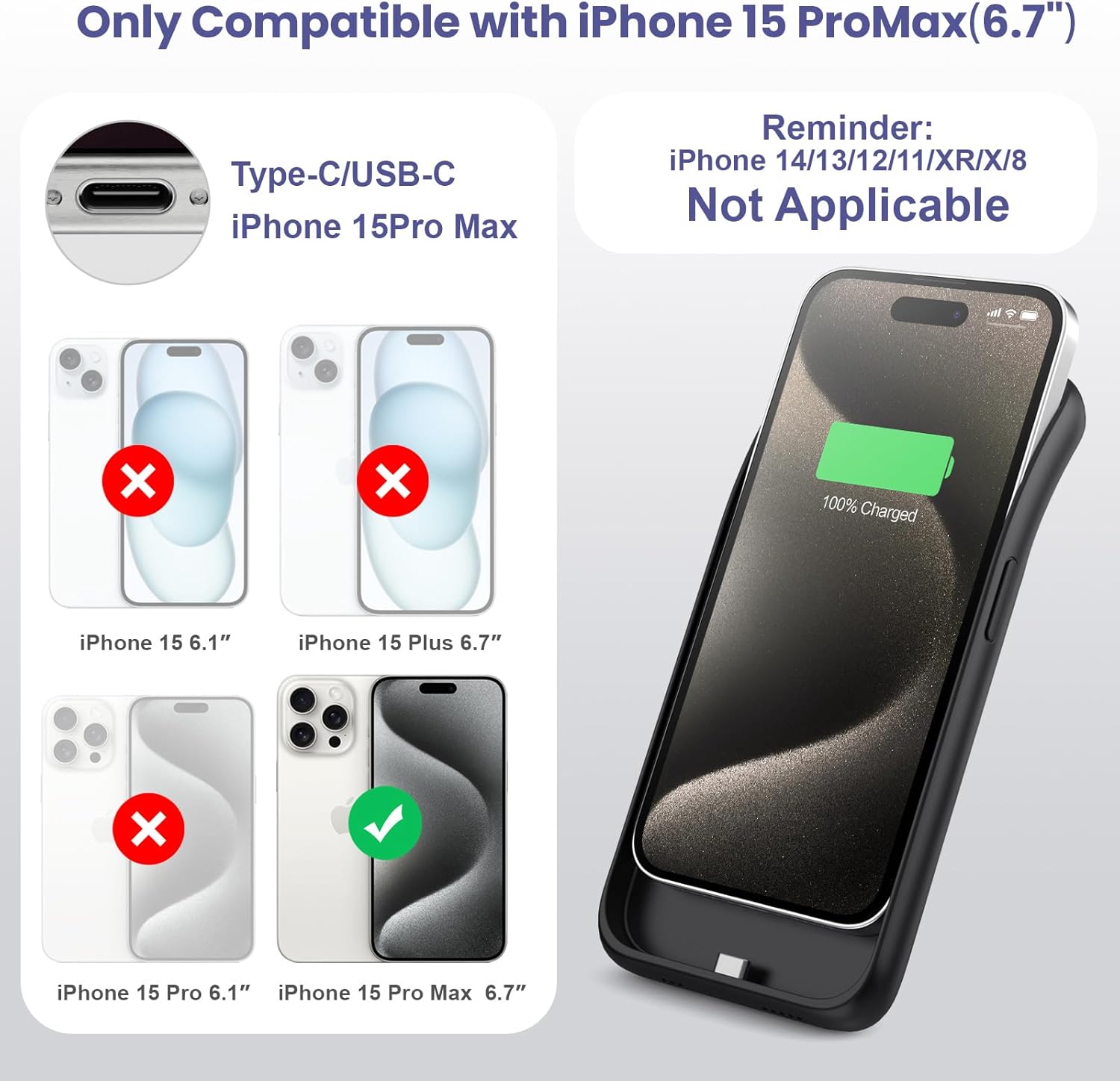 Battery Case for iPhone 15 Pro Max, [2025 Upgraded] 8600mAh Battery Charging Case, Anti-Fall Protection Rechargeable Extended Charger Cover for iPhone 15 Pro Max (6.7inch) Black