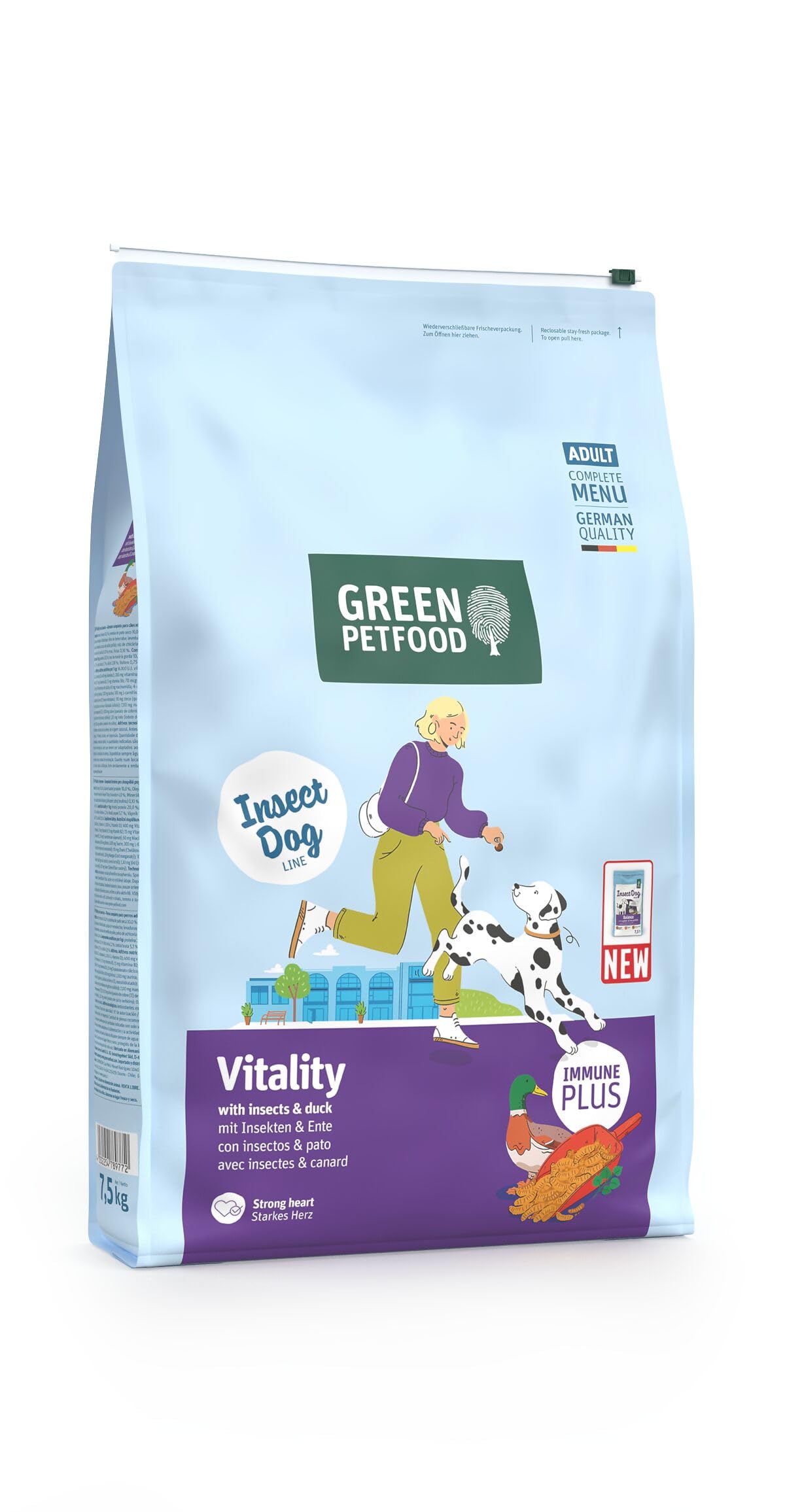 Green Petfood InsectDog Vitality with Insects and Duck (1 x 7.5 kg) | Adult | Premium Dry Food for Adult Dogs | Gluten Free | with Vitamins E & C | Low Fat