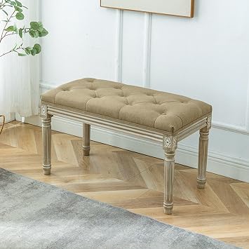 French Vintage Bench, Fabric Entryway Bench, Bedroom Bench, Carving Upholstered End of Bed Bench, Dining Bench, Entryway Shoe Bench with Button Tufted Padded SeatKhaki,80 * 40 * 46cm
