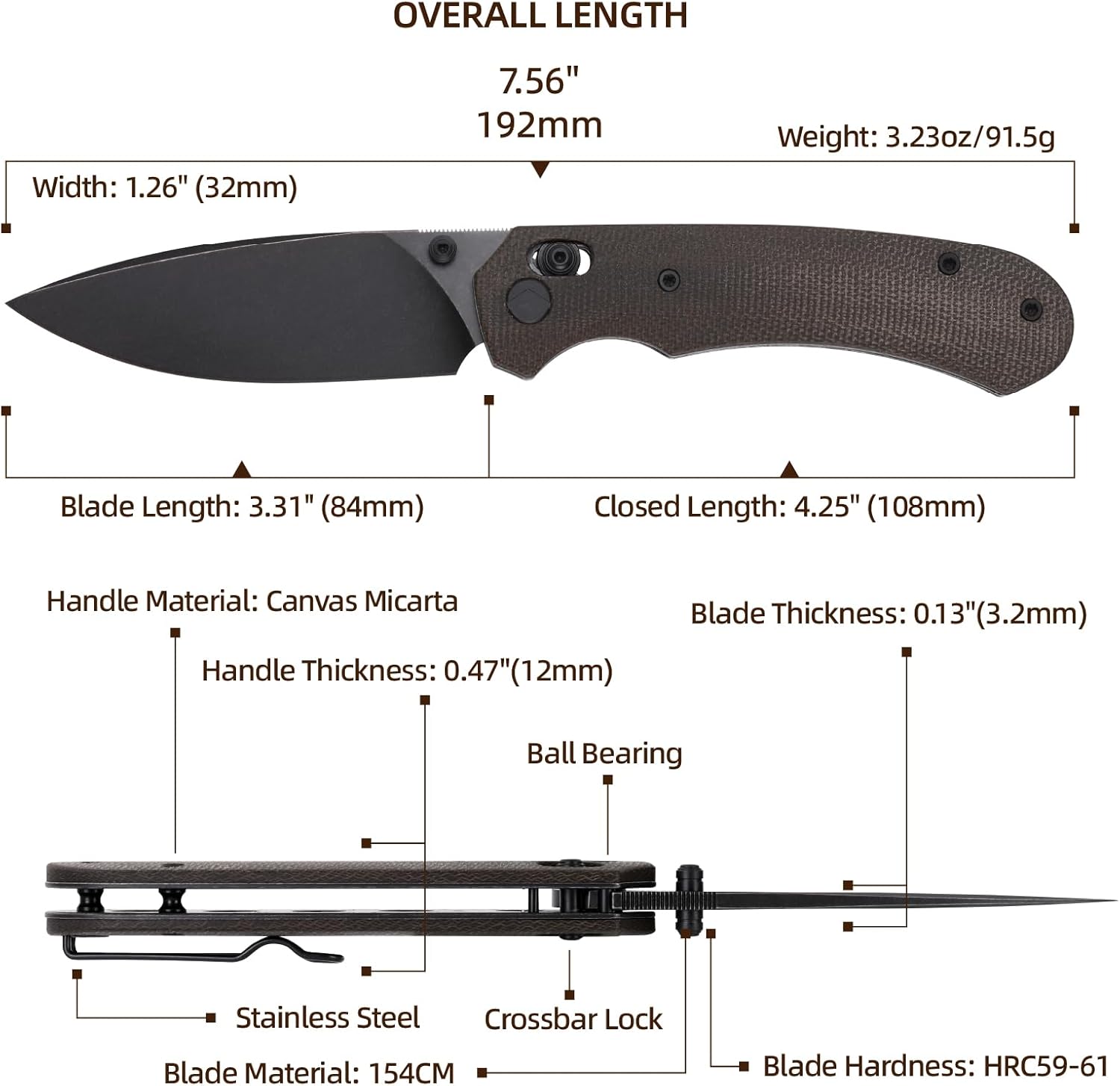 Folding Pocket Knife, 3.31'' 154CM Blade EDC Knife, Erogonomic Canvas Micarta Handle, Pocket Knives for Men, Hunting, Hiking, Survival Knives (Green)