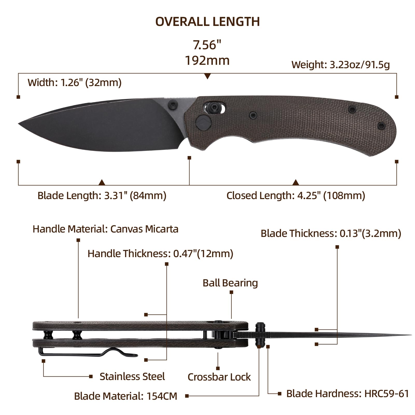 Klappbares Taschenmesser,3.31" 154CM Klinge,Erogonomischer Titan Griff,Jagd Überlebensmesser,EDC Messer für Jagd Camping Überleben Outdoor Angeln Wandern (Grün)