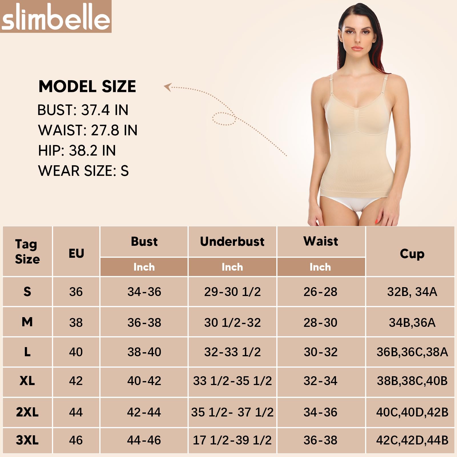 SLIMBELLE Damen Unterhemd Bauch Weg Camisole Top Body Shaper Nahtloses Figurformendes Tanktop Shaping BH Hemd Formendes Top Spaghettiträger Oberteil