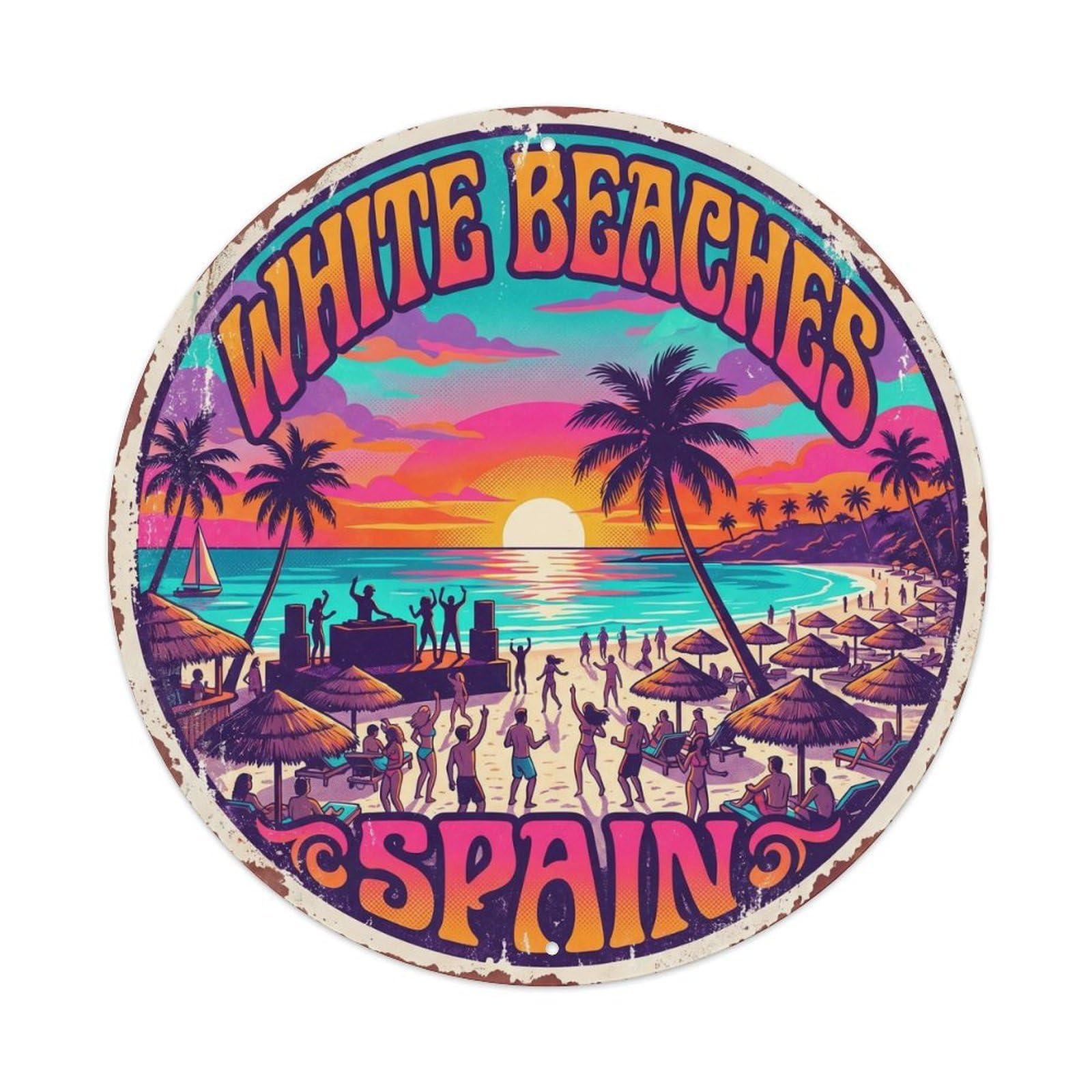 Vintage Travel White Beaches Spain Metal Tin Sign