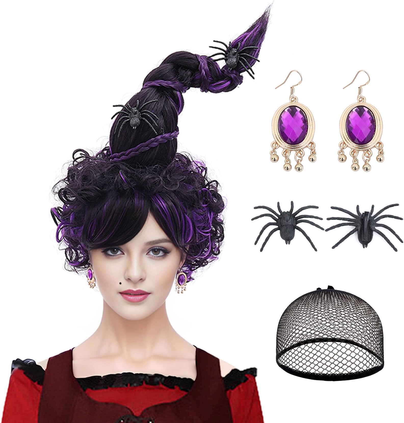 Purple Mixed Black Long Braid Witch’s Hat Shaped Halloween Costume Accessory Wigs Set for Women