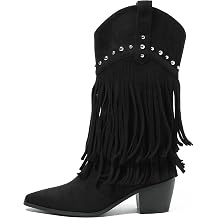 fereshte Womens Western Fringe Boots, Mid-Calf Cowgirl Boot with Studded Detail, Stacked Block Heel, Layered Tassel Design