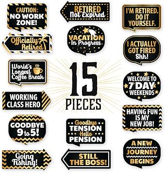 PartyGraphix Retirement Photo Booth Props - European Made Retirement Party Supplies - Easy to Assemble Selfie Props - Decorations Kit Includes 15 Pieces