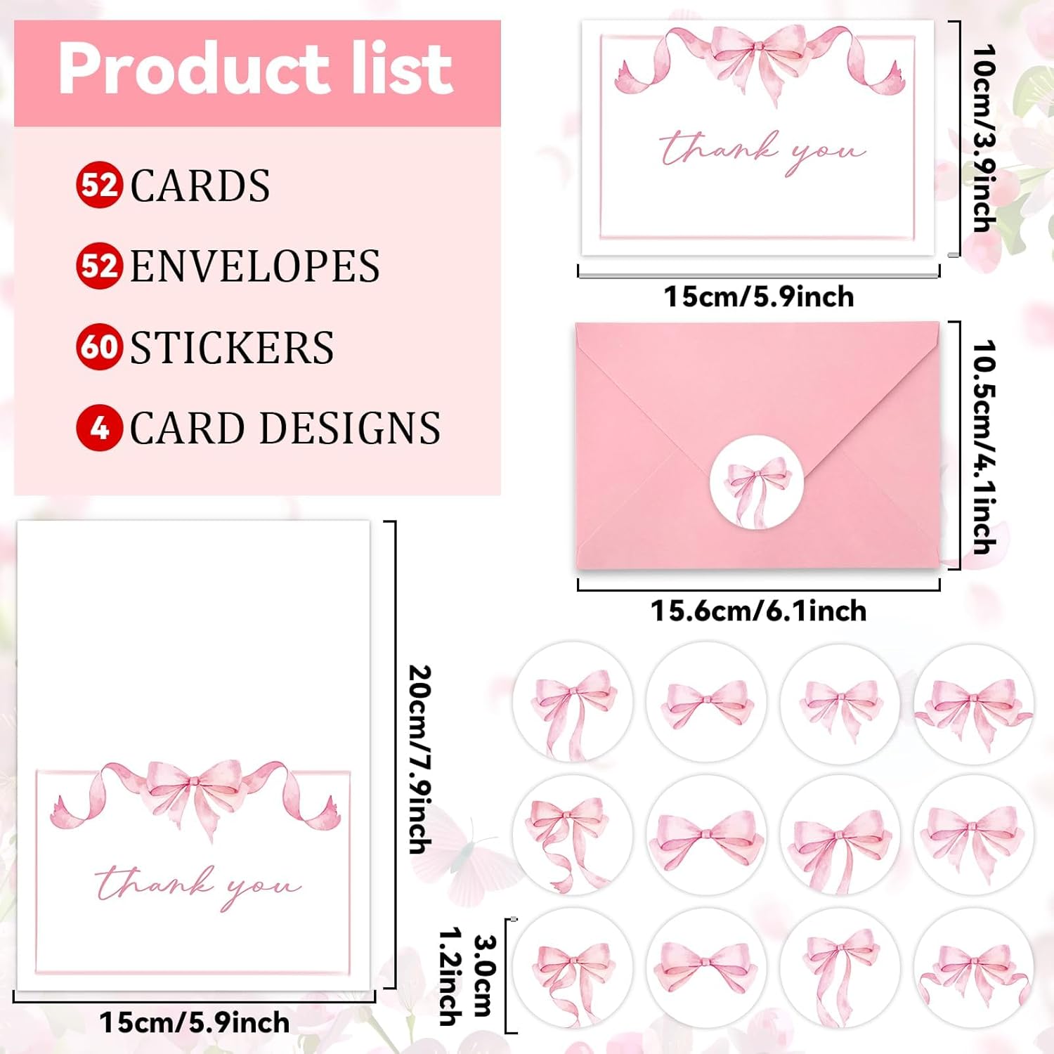 52 Pack Thank You Cards with Envelopes Pink Bow Thank You Cards Bulk Assortment Greeting Gift Watercolor Coquette Bowknot Blank Note Card Set with Sticker for Wedding Shower Birthday Supplies 4x6inch