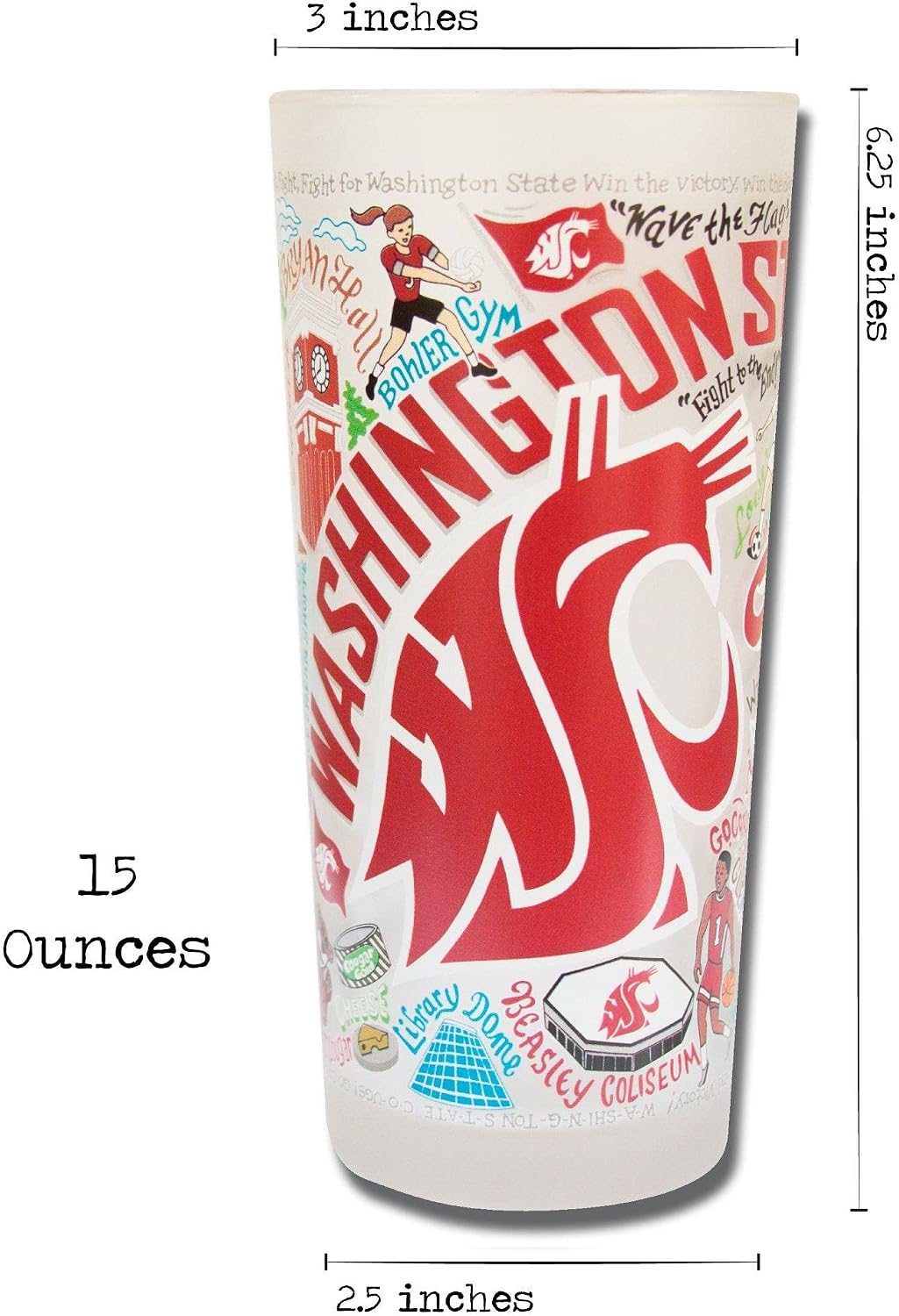 Catstudio Drinking Glass, Washington State University Glass Cup for Kitchen, 15oz Dishwasher Safe Tumbler for WSU Alumni