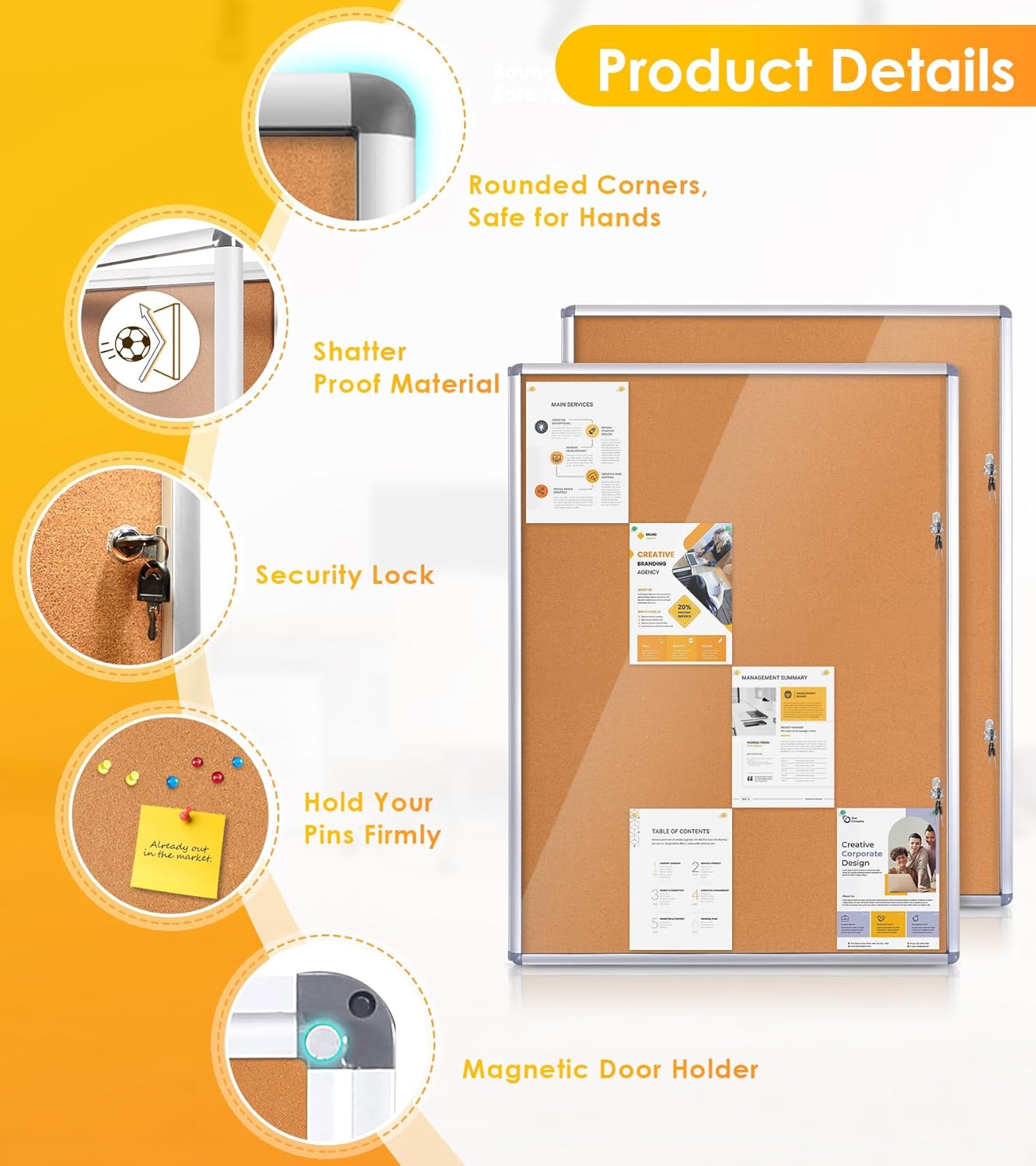 SWANCROWN Enclosed Bulletin Board 48x36 in, Tamperproof Lockable Cork Board Wall Display Case with 2 Locks for Office School Home, Aluminum Frame, Pack of 2