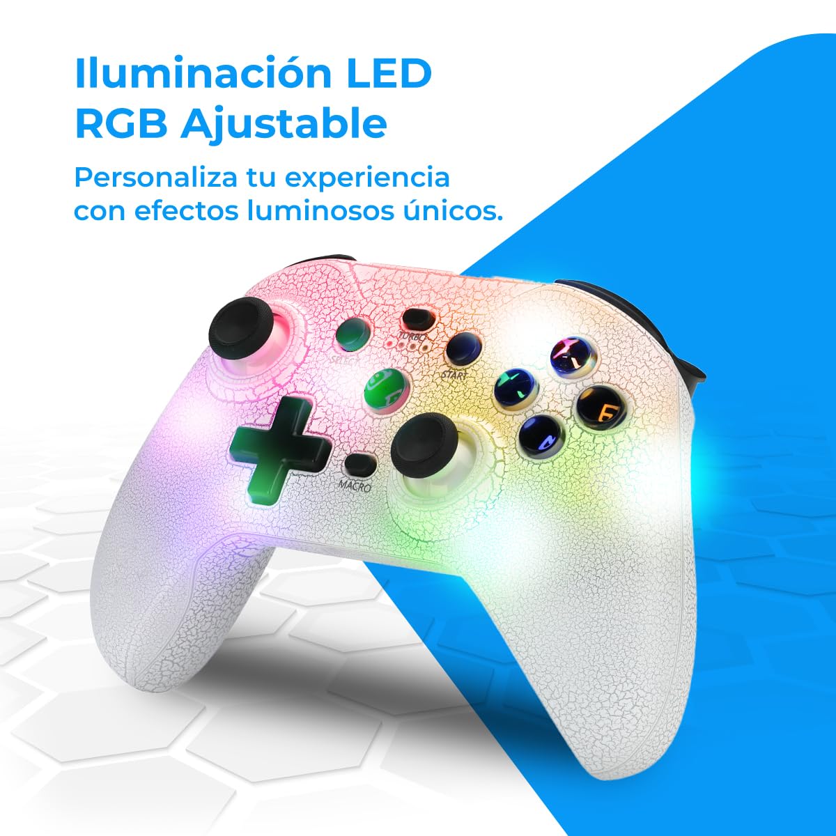 NK Mando Switch Inalámbrico - LED RGB Ajustable, Switch/PC/Android/iOS, Función Turbo, Ajustes Macro, Bluetooth, 6 ejes, 4 Modos de Vibración - Color Blanco (Incluye Soporte Smartphone)