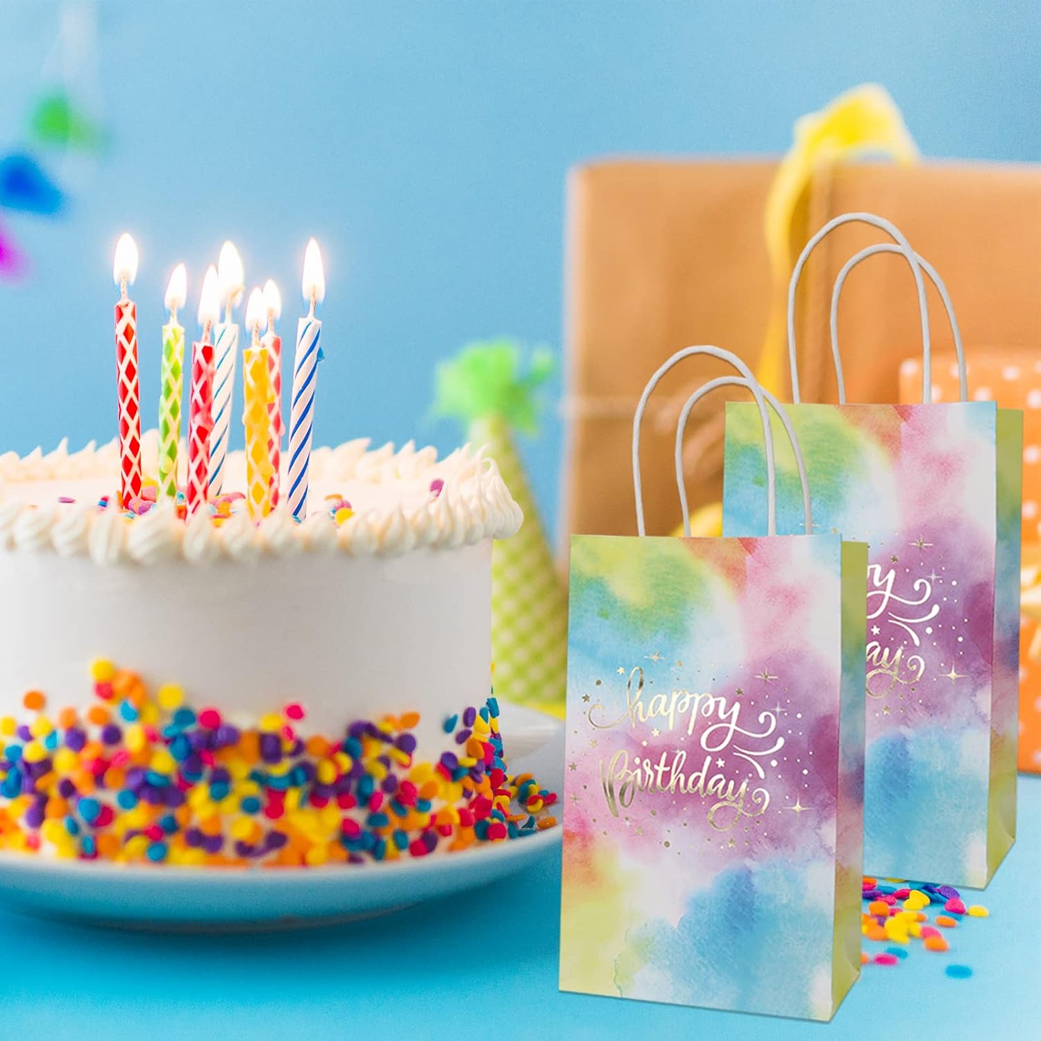 ECOHOLA Birthday Favors Gift Bags with Handle,30 pieces Gold Foil Birthday Kraft Paper Bags,Party Favor Bags for Goodie,Candy,Donut,Gifts - Size 9'(H) x5.5'(L) x3.2'(D)