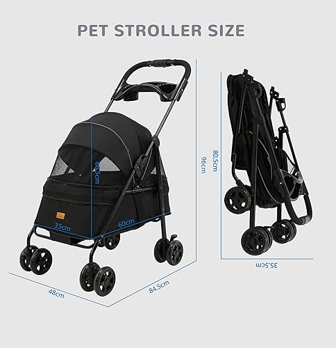 Miniatura 6 de Cochecito para mascotas de 4 ruedas, plegable, portátil, con un solo clic, para perros y gatos, malla transpirable y visible para mascotas pequeñas