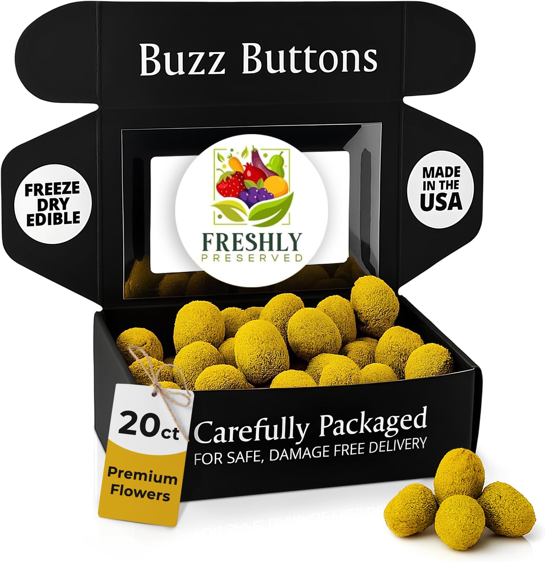 Buzz Buttons Edible Flowers for Cocktails & Desserts - 20 USA Grown Flowers for Drink Garnish - Freeze-dried Spilanthes/Szechuan Button/Acmella Oleracea Flowers (0.2 oz)