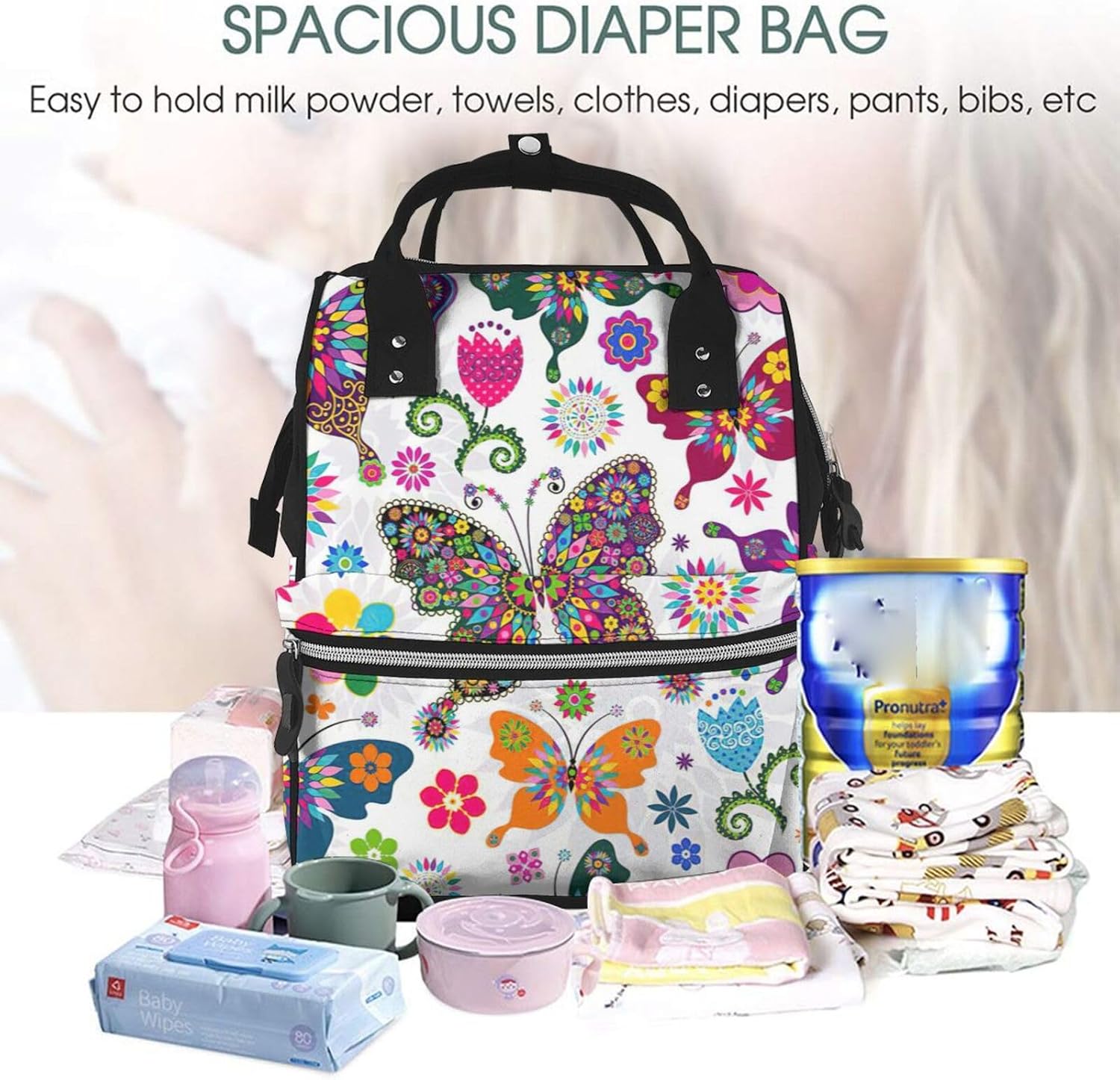 Elegant Spring Floral Butterfly Print Mummy backpack Large, Waterproof,Adjustable Straps for Outdoor Activities