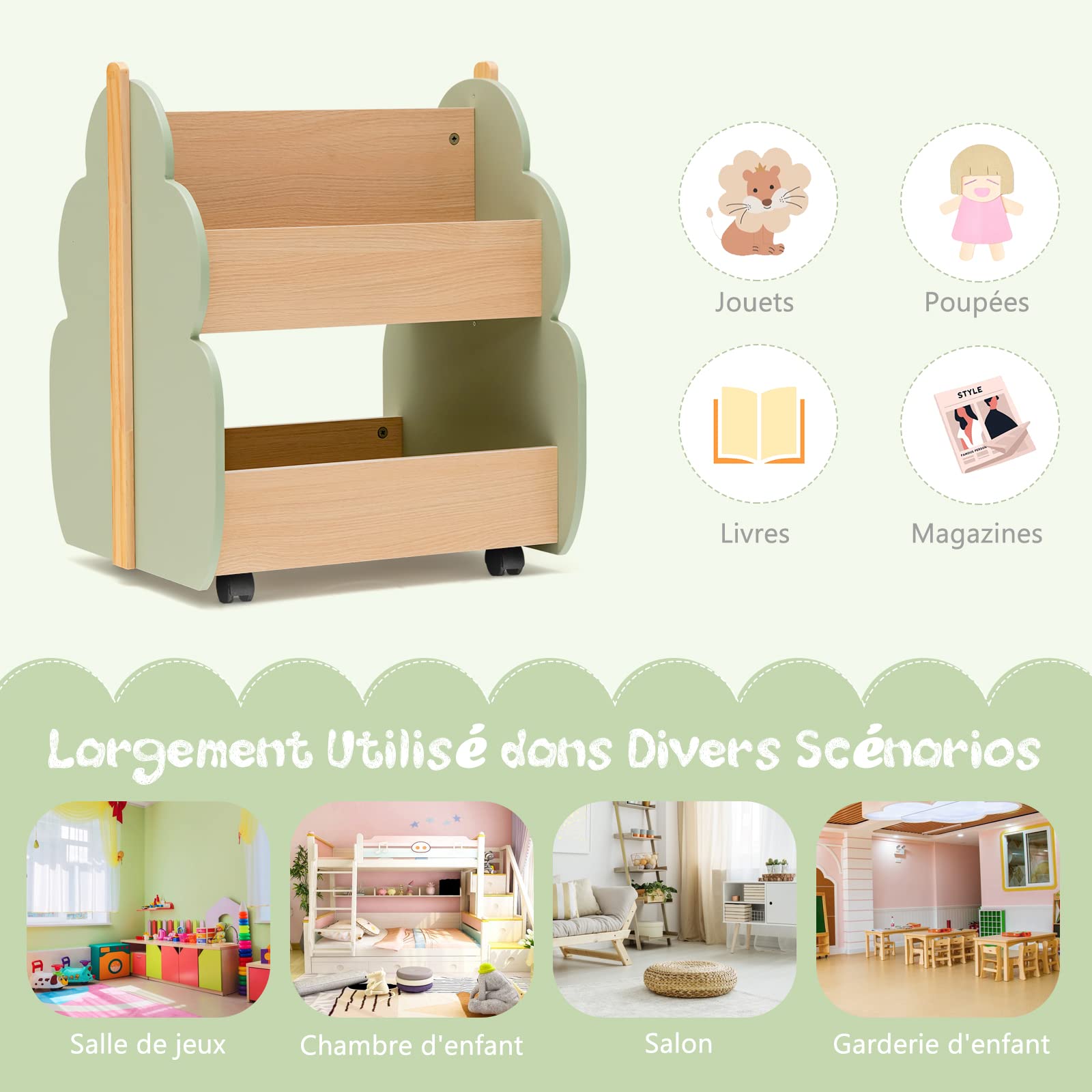 COSTWAY Bibliothèque Enfants en Bois avec Forme d‘Arbre, Étagère de Rangement Enfants avec 4 Roues Universelles, Organisateur à 2 Niveaux pour Livres Jouets, 3 Ans+