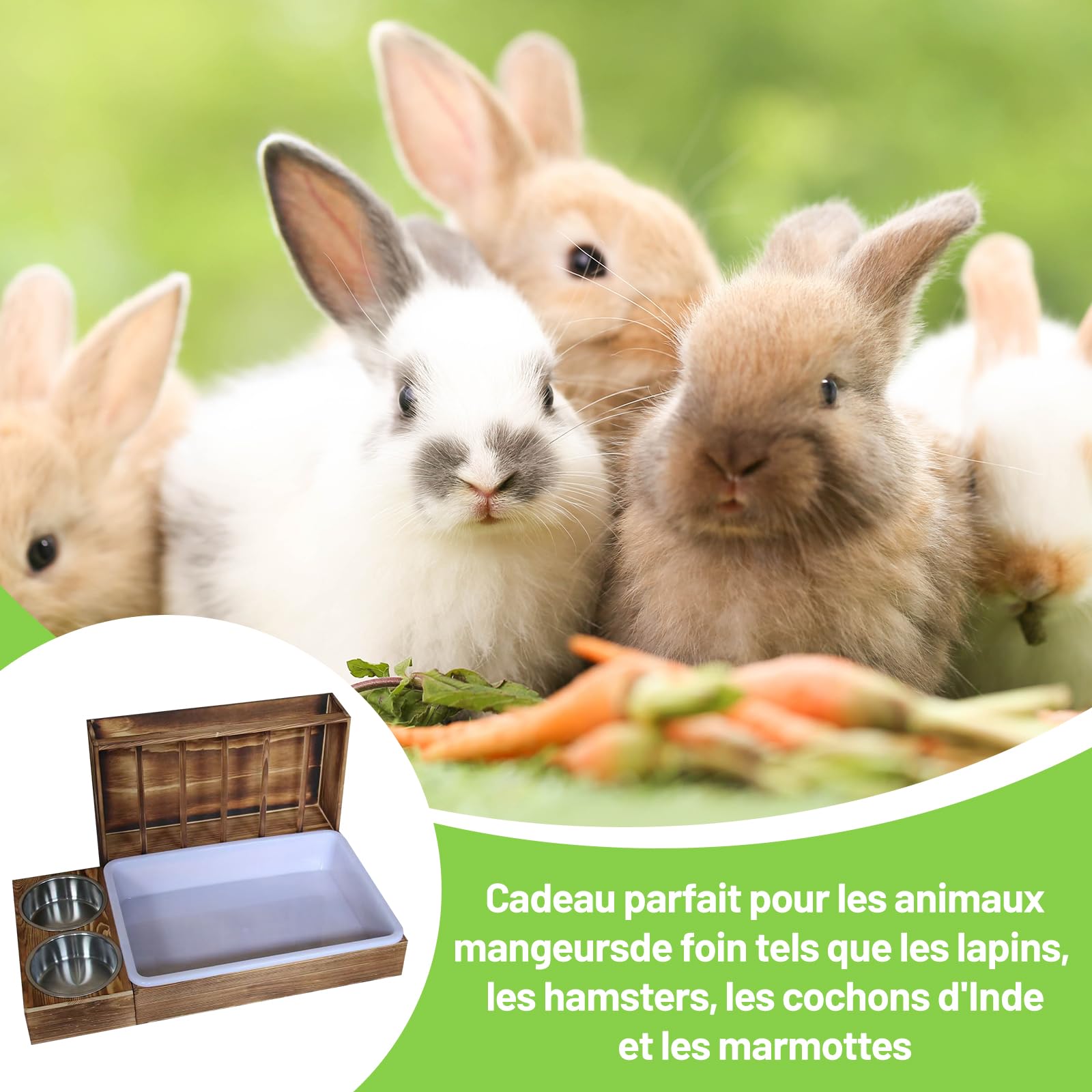 MagiDeal 4 en 1Mangeoire à Foin pour Lapins, Mangeoire en Bois pour Lapins avec Bac à Litière, Râtelier à Foin en Bois pour Petit Animal, Cochons D'in, Ratelier Foin Lapin Mangeoire