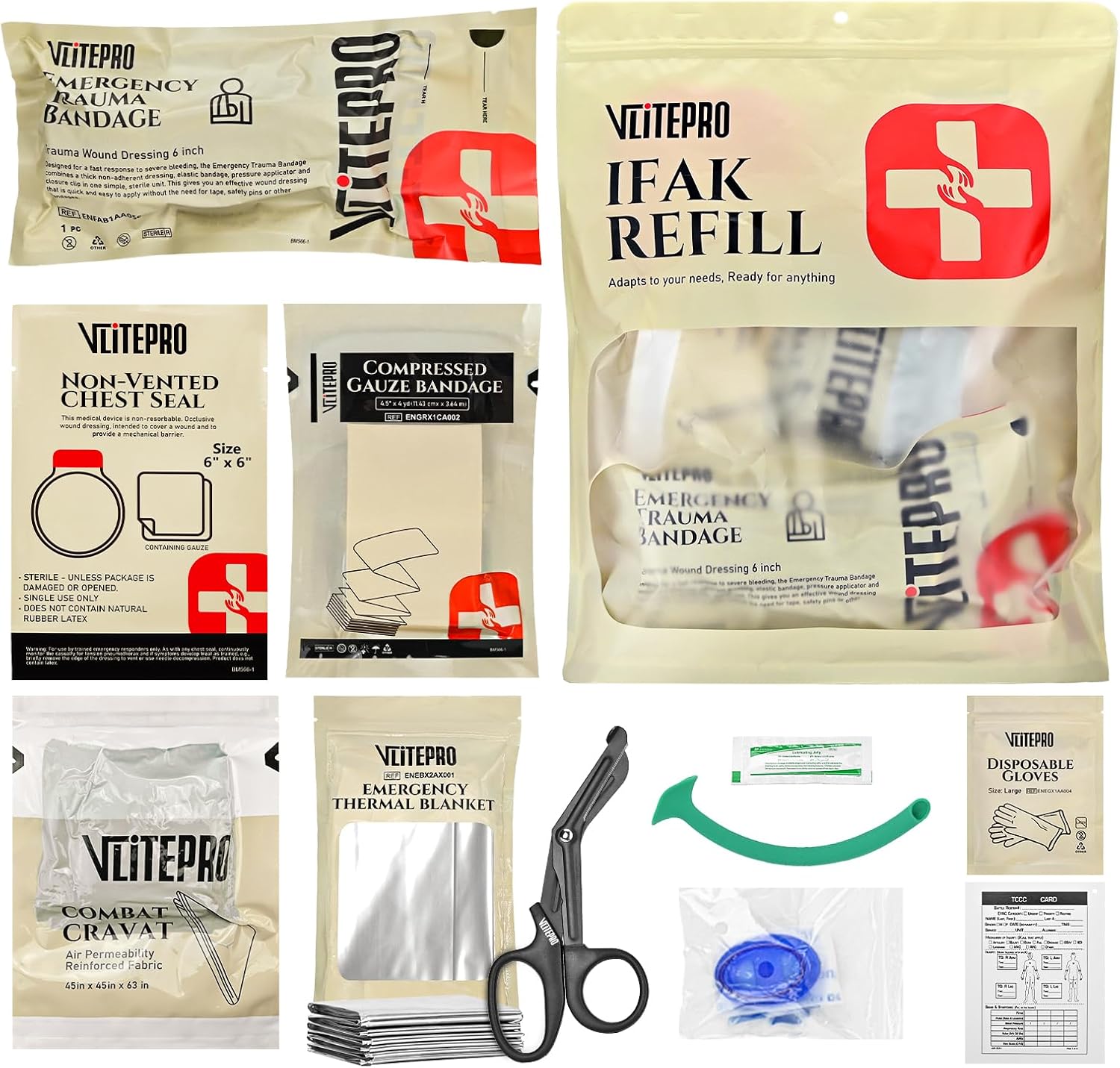 11Pcs IFAK Trauma Kit, First Aid Kit Refill Supplies with Non-Vented Chest Seal, 6" Emergency Trauma Bandage & Compressed Gauze, Tactical Trauma Medical Supplies for Combat Wound Care