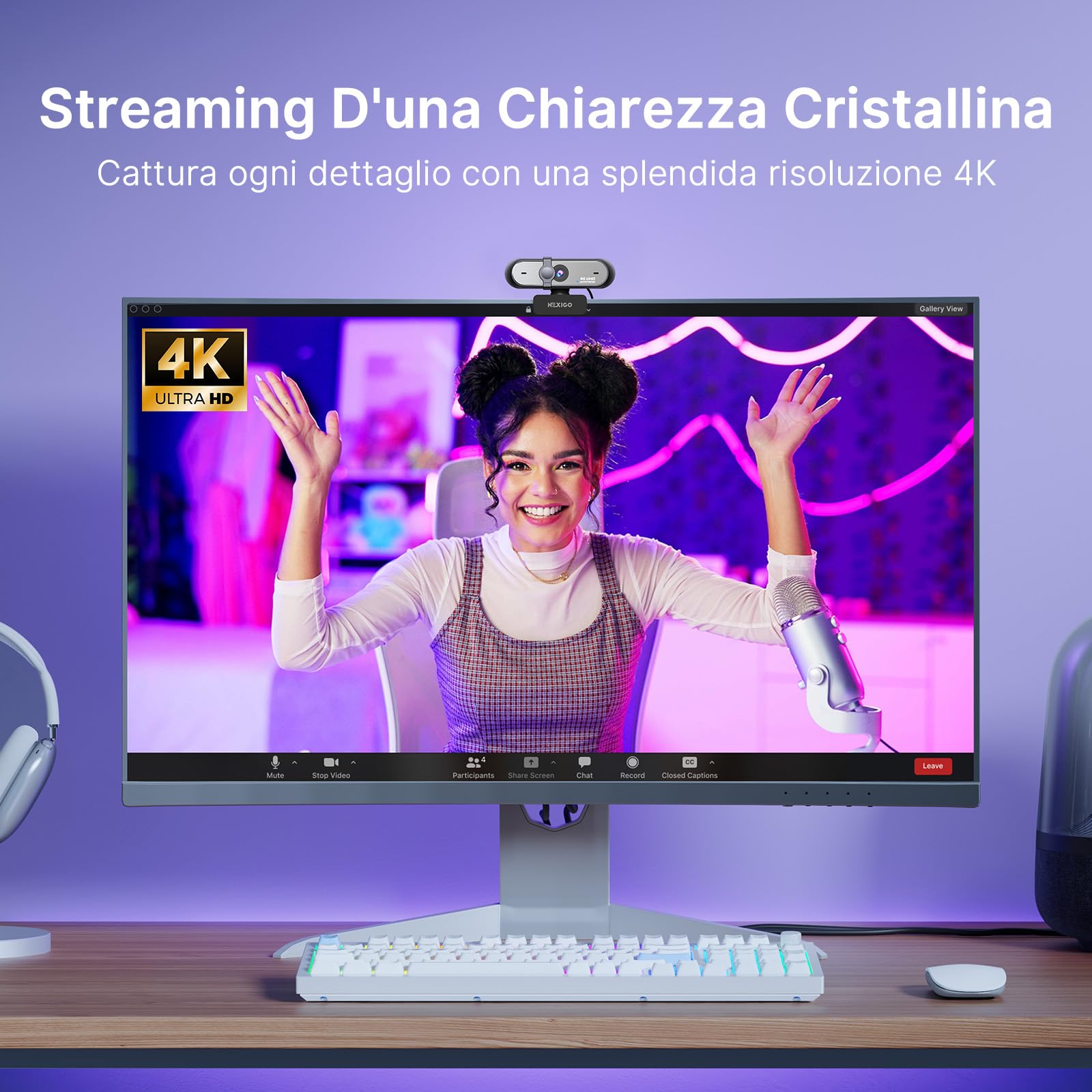 NexiGo N660P Pro Webcam 4K Con Lente Senza Distorsione, 1080P 60 FPS Autofocus, 3DNR, Microfoni Riduzione Rumore E Copertura Privacy, Webcam Gaming Streaming PC Mac Switch 2, Nero