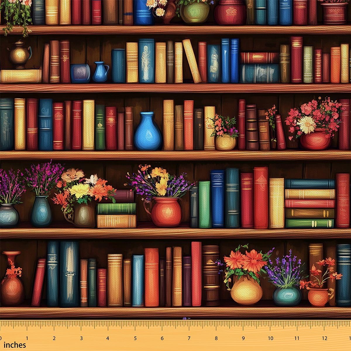 Bookshelf Flower Leaf Plant Craft Fabric No Stretch,3D Library Books Soft Polyester,Retro Wooden Western Ideal for Quilting,Crafts & Handmade Artwork,Brown 1 Yard Pre-Cut,36" L x 59" W