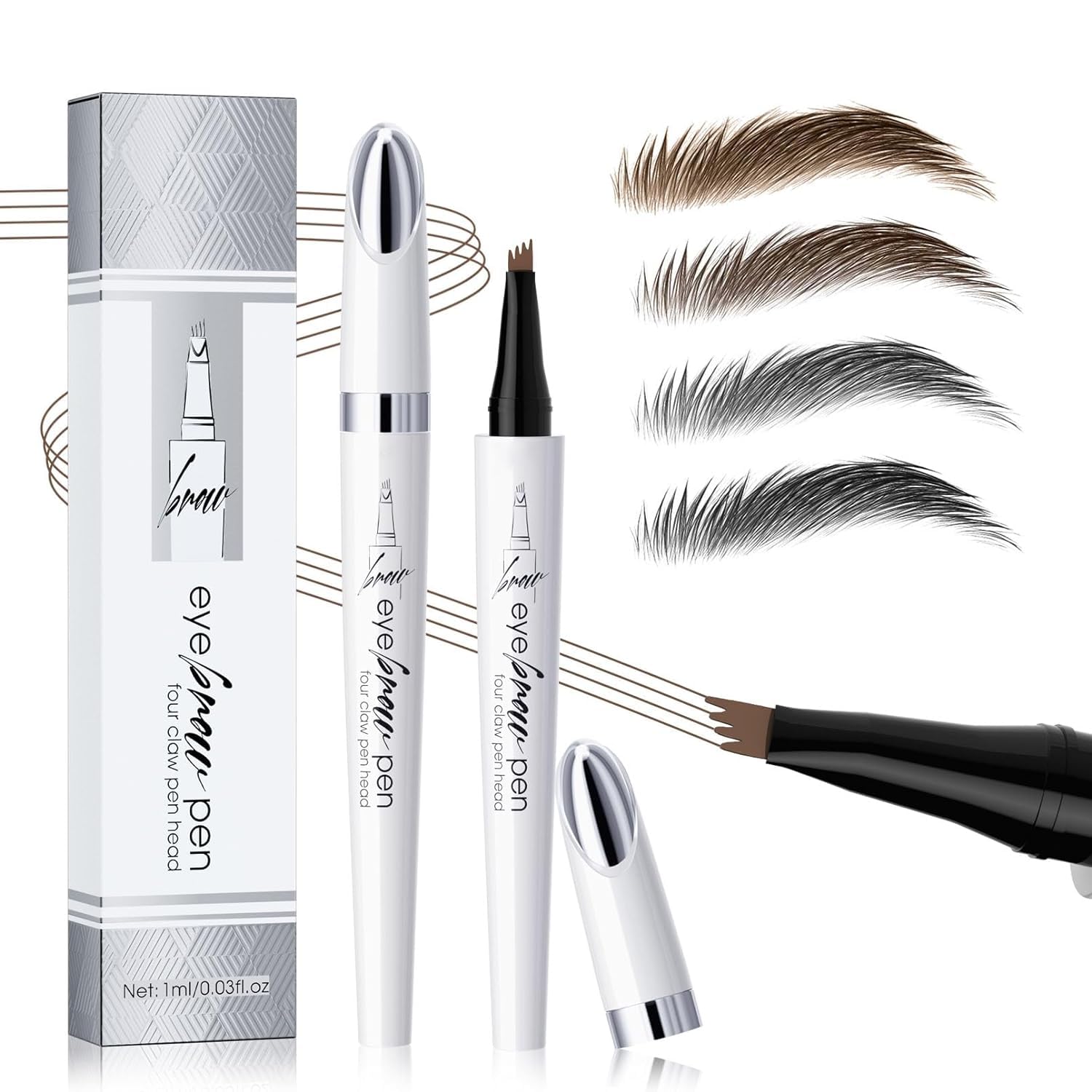 2024 Nouveau crayon à sourcils imperméable magique, micro crayon à sourcils 3D avec applicateur à 4 pointes de fourche, crée sans effort des sourcils d'apparence naturell (4PCS)