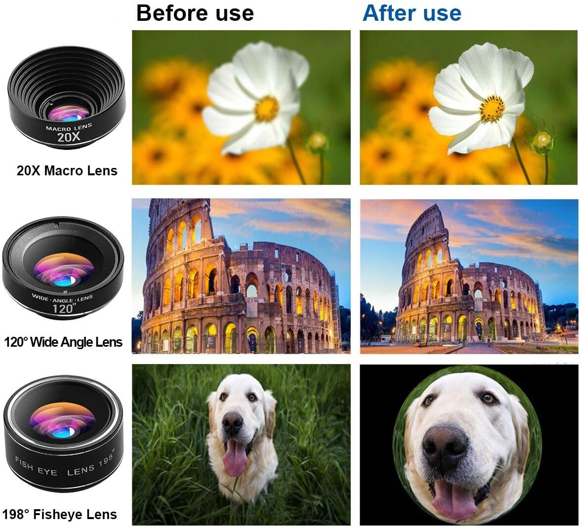 Phone Camera Lens, CESCOM 9 in 1 Cell Phone Camera Lens Kits, 25X Telephoto Zoom Lens, 20X Macro Lens, 120° Wide Angle Lens, 198° Fisheye Lens for iPhone 11 Pro/X/XR/XS Max/8+/7, Google and Android.