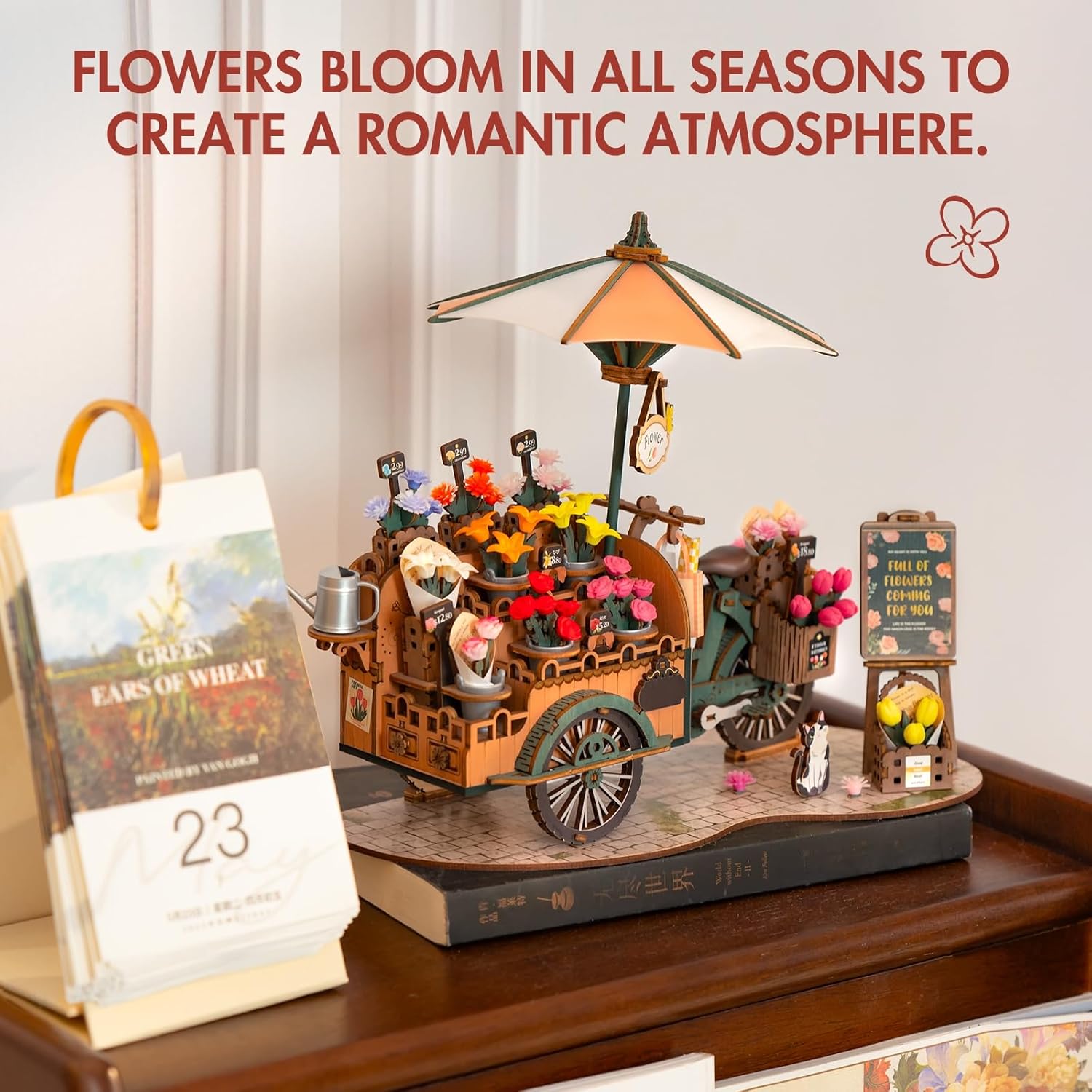 ROBOTIME 3D Wooden Puzzle for Adults Floral Cart Model Building Kit, DIY Flower Craft Hobby Gift Home Decor, Vintage Style Assembly Toy