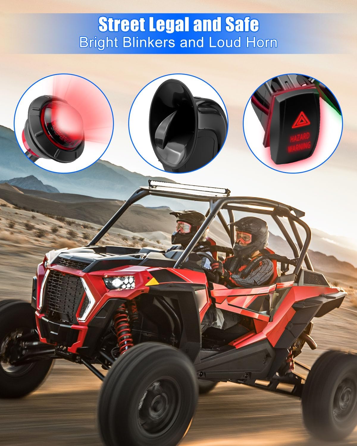 WUMZIJ Universal UTV ATV Turn Signal Kit with Horn Compatible with Polaris Ranger RZR Can-Am CFMOTO SXS, Pre-Wired Blinker System Street Legal Kit with 3 Rocker Switches and Hazard Light