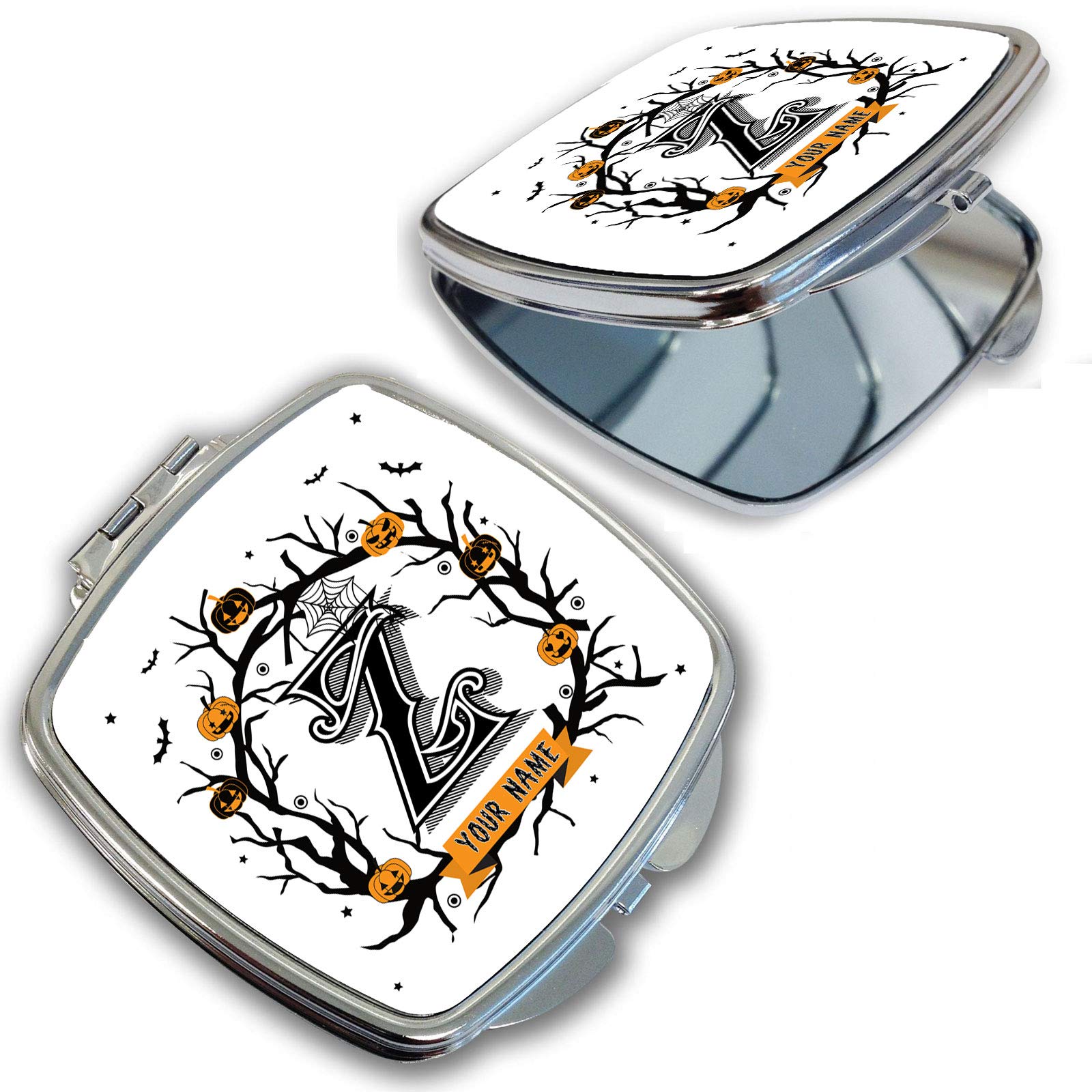 Bleu Reign BRGiftShop Personalized Custom Name Spooky Halloween Pumpkin Jack O Lantern Wreath Monogram Letter Z Compact Pocket Cosmetic Mirror