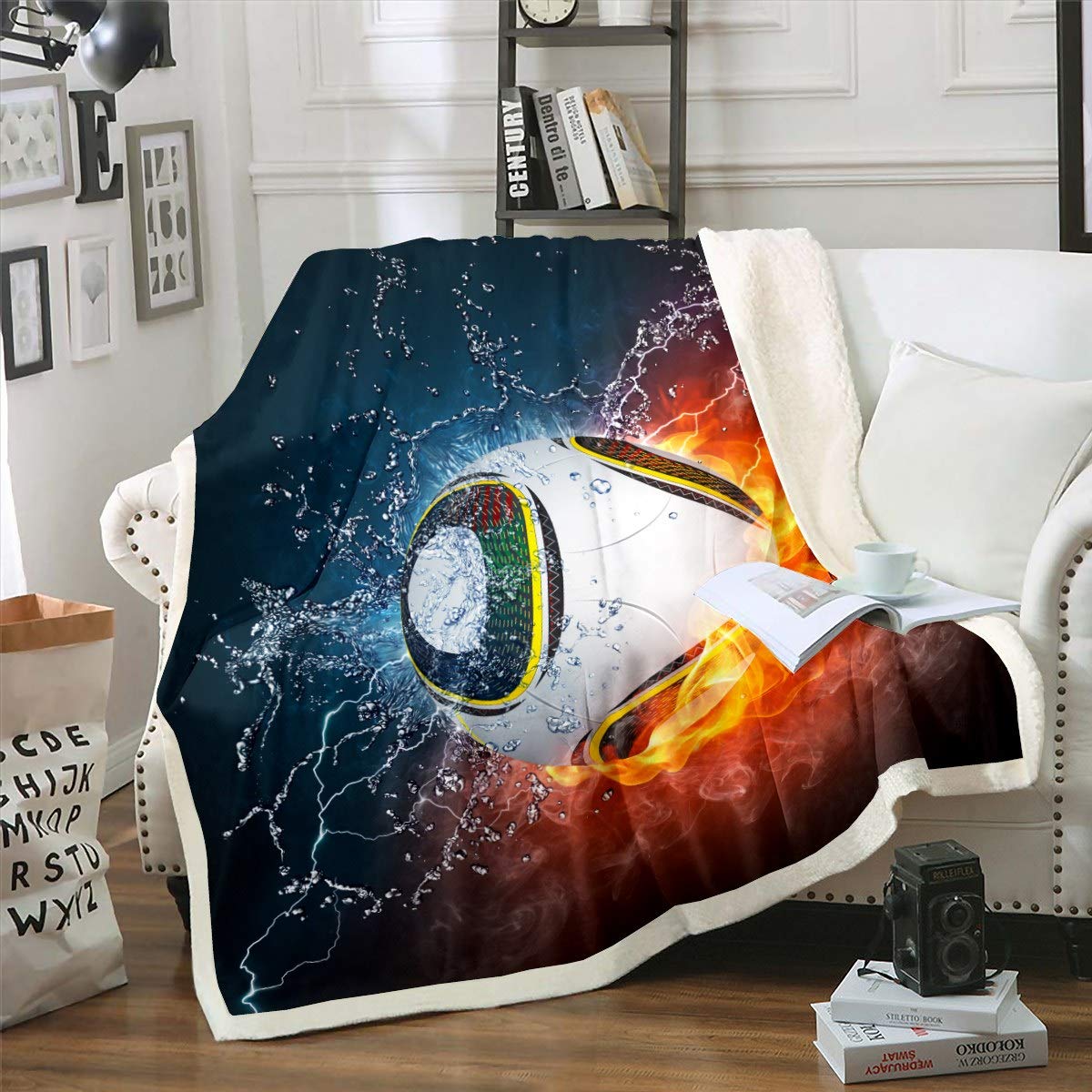 Coperta da calcio per ragazzi, coperta in pile a tema sportivo, per divano, sedia, divano, pallone da calcio, motivo Sherpa, traspirante, idea regalo per calciatore, calda coperta in peluche, 76,2 x
