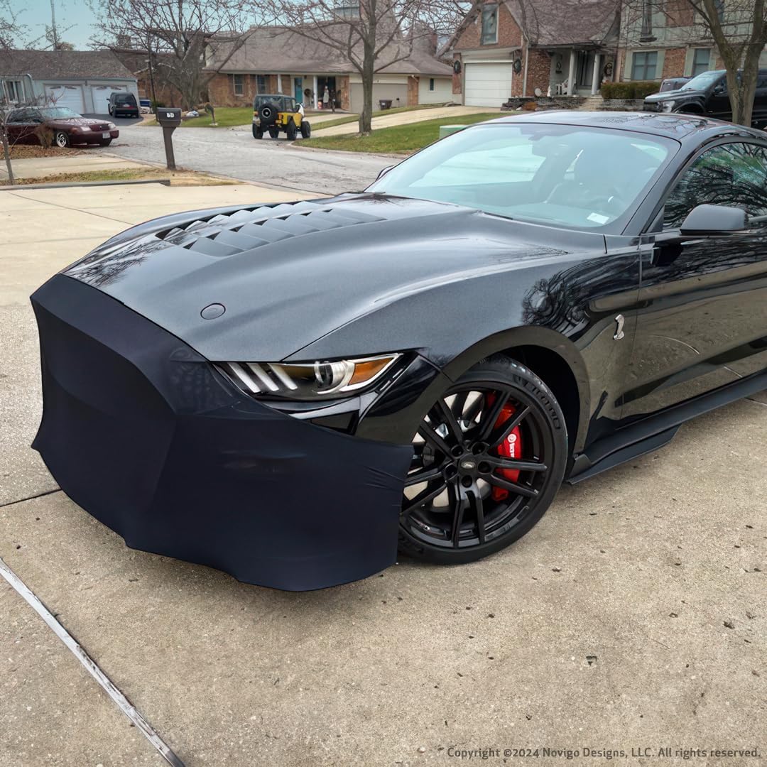 NoviStretch Front Bumper Mask Bra with Mirror Covers for Ford Mustang 2015-2026 – 6th & 7th Gen Stretch-Fit Front End Paint Protection Cover, Easy On/Off Nose Bra, Custom Fit Mustang Accessory