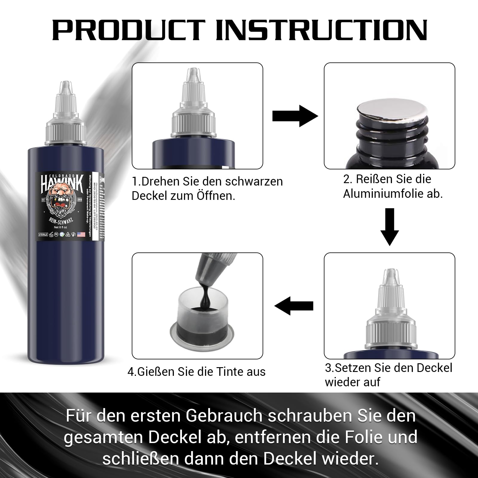 HAWINK Encre Tatouage Noir Pur Professionnel 240ml (8oz) Accessoire de Tatouage Tattoo Black Ink TI203-240-001