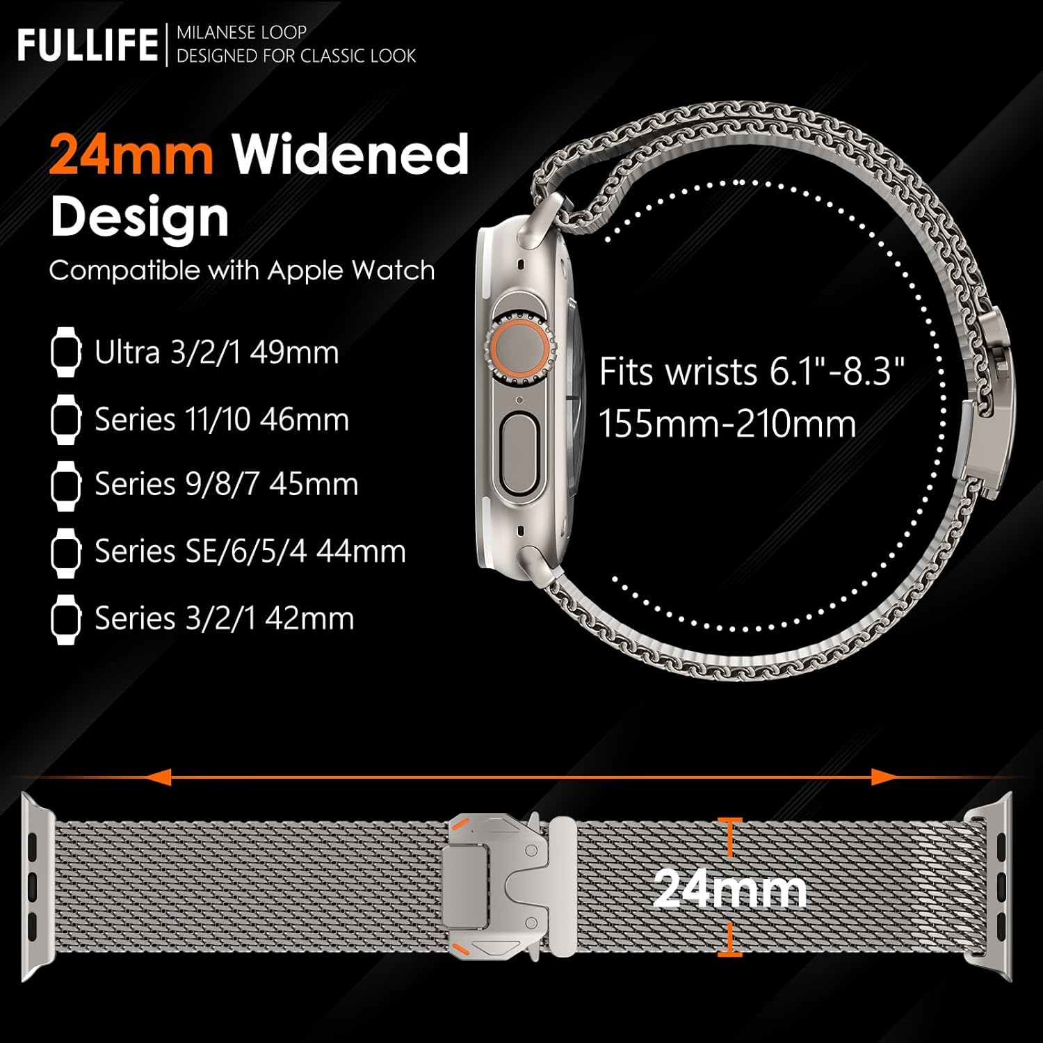 FULLIFE Milanese Mesh Loop for Apple Watch Band Apple Watch Ultra 3/2/1 Band 49mm 46mm 45mm 44mm Men Women, Stainless Steel Metal Band Parachute-style Buckle for iWatch Series 11 10 9 8 7 6 SE3 5 4 3