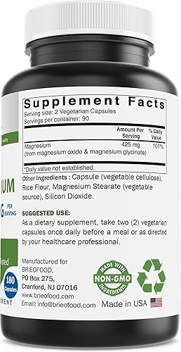 Miniatura 2 de Brieofood Magnesio 425mg (de glicinato y óxido de magnesio) - 180 cápsulas - Hecho en los Estados Unidos