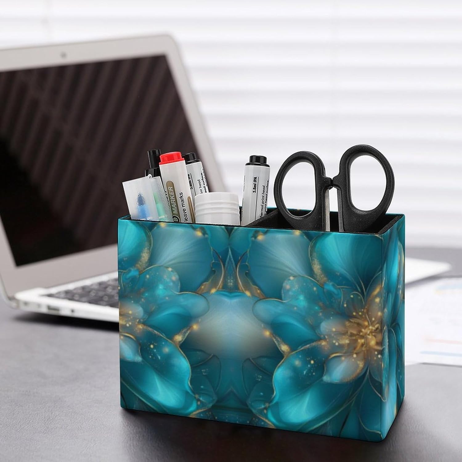 Turquoise Flowers Abstract Pencil Pen Holder PU Leather Desk Storage Organizer Makeup Brush Box
