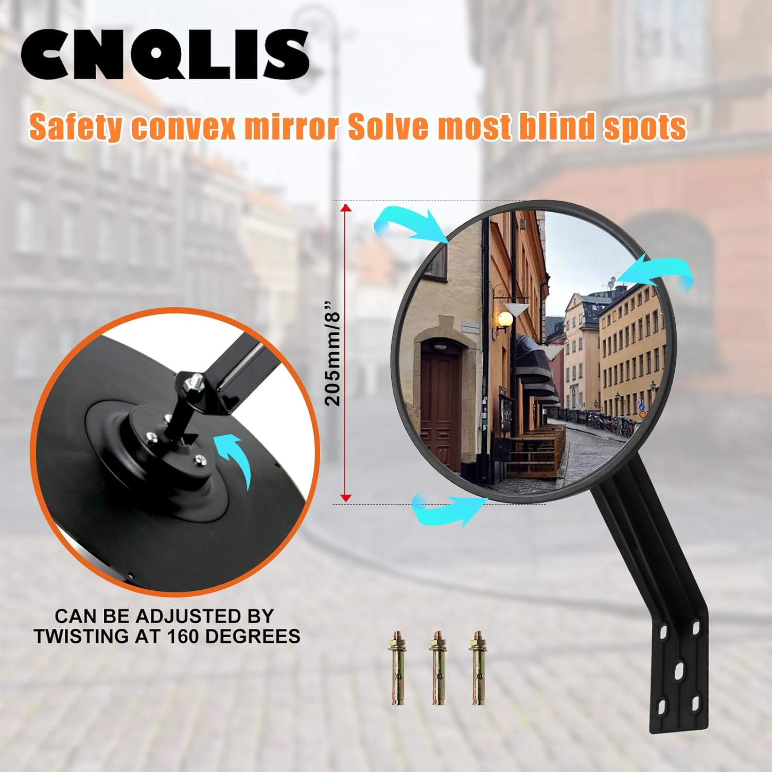 CNQLIS 8 Inch Convex Mirror Outdoor with Adjustable Wall Fixing Bracket,Blindspot Traffic Mirror for Driveway Garage Park Outdoor Wide Angle View Curved Security Blind Spot Mirrors