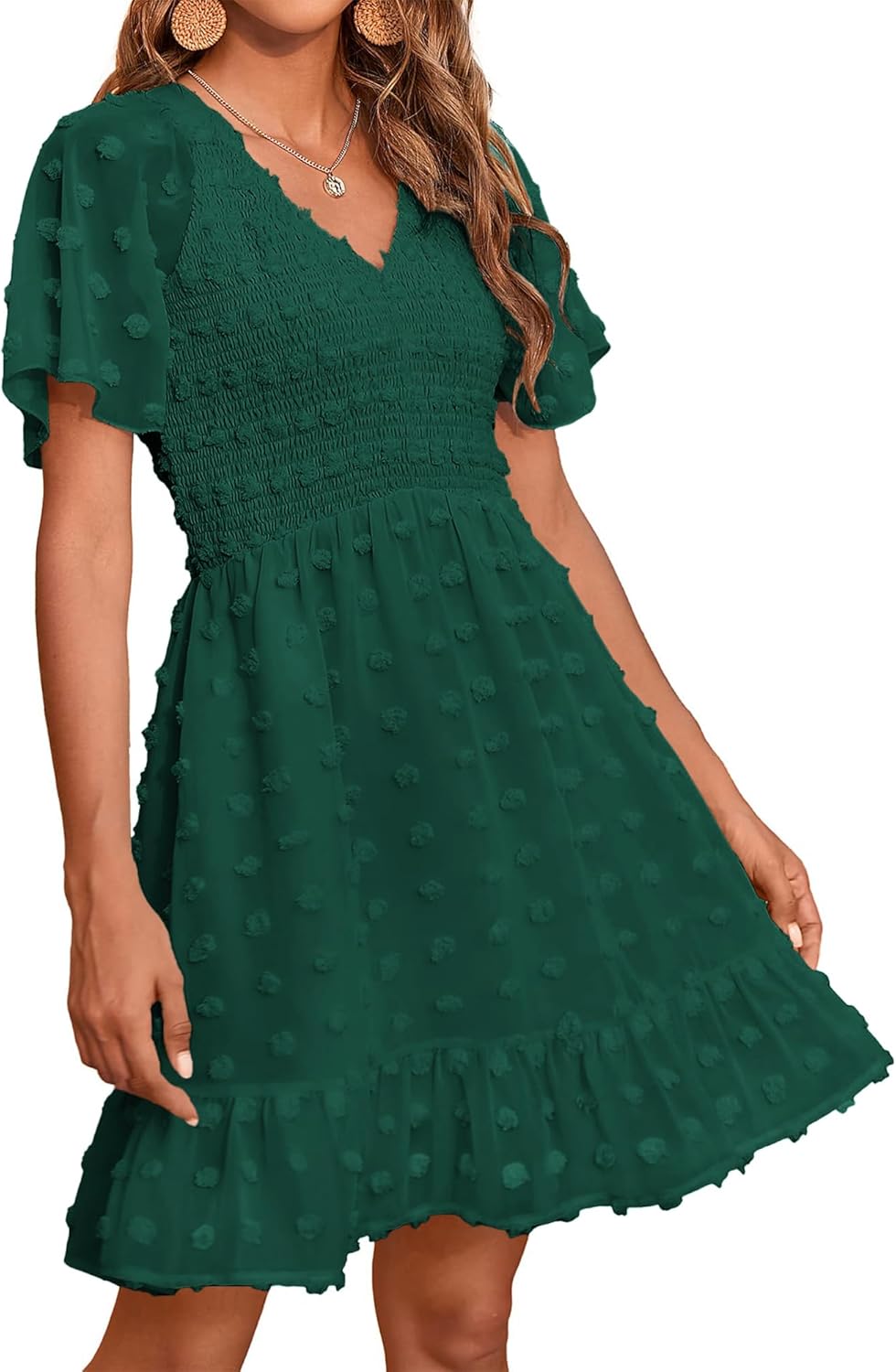 BTFBM Womens Beach Vacation Dress Summer 2025 V Neck Short Sleeve Smocked Swiss Dot Cute Ruffle Casual Fall Mini Dresses