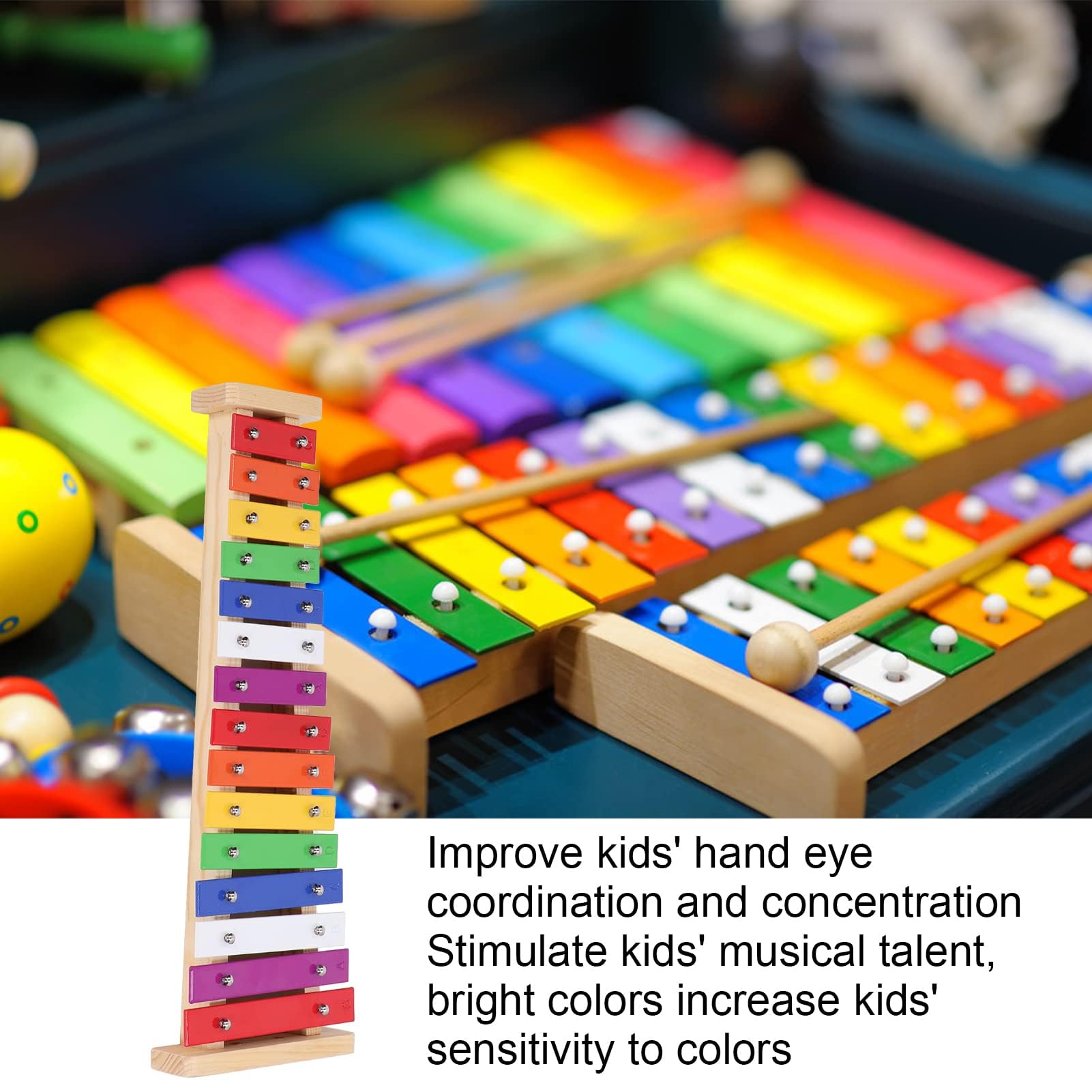 Xilófono 15 notas, Xilófono con 2 Mazos para Niños Instrumento Musical Educativo Glockenspiel de Aluminio y Pino Juguete Adecuado a Partir de 3 Años